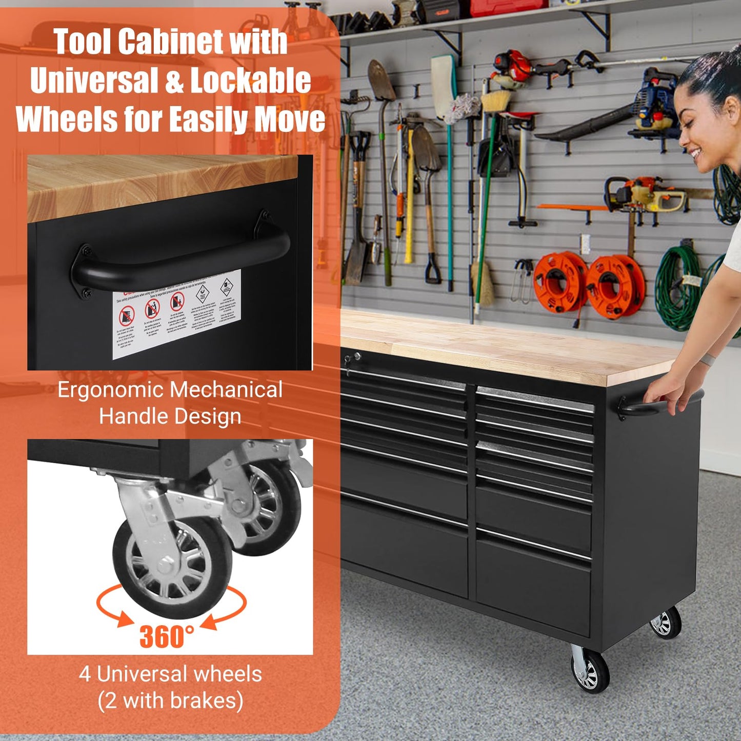 ExploreHorizon 72inch Tool Chest Rolling Tool Cabinet, 15 Drawers Storage Cabinet On Wheels, Garage Workbench with Wood Top, Key Locking System Drawer Liners for Garage Warehouse Repair Shop, Black