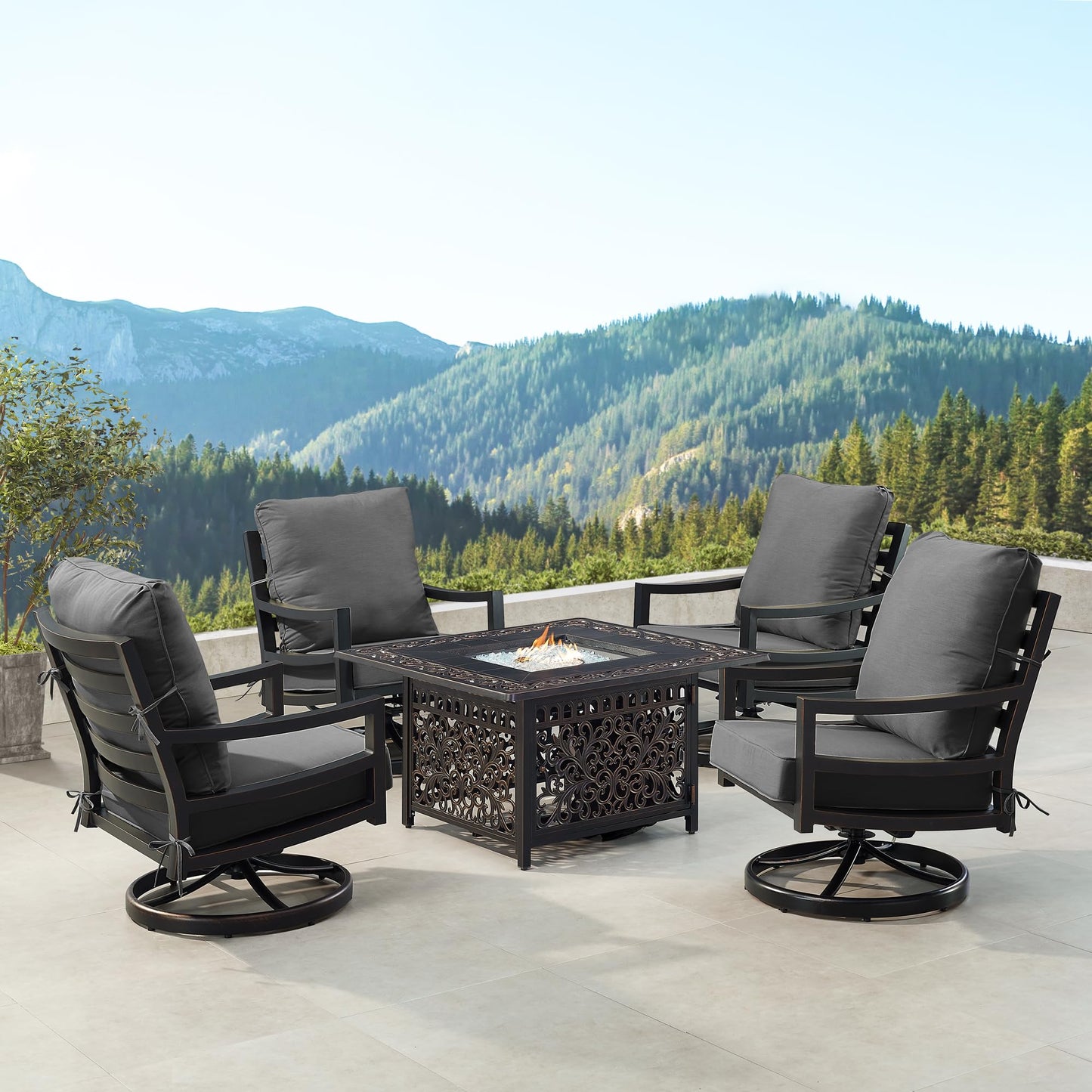 Oakland Living Black Aluminum Patio Fire Table Set with Four Club Chairs with Black Cushions