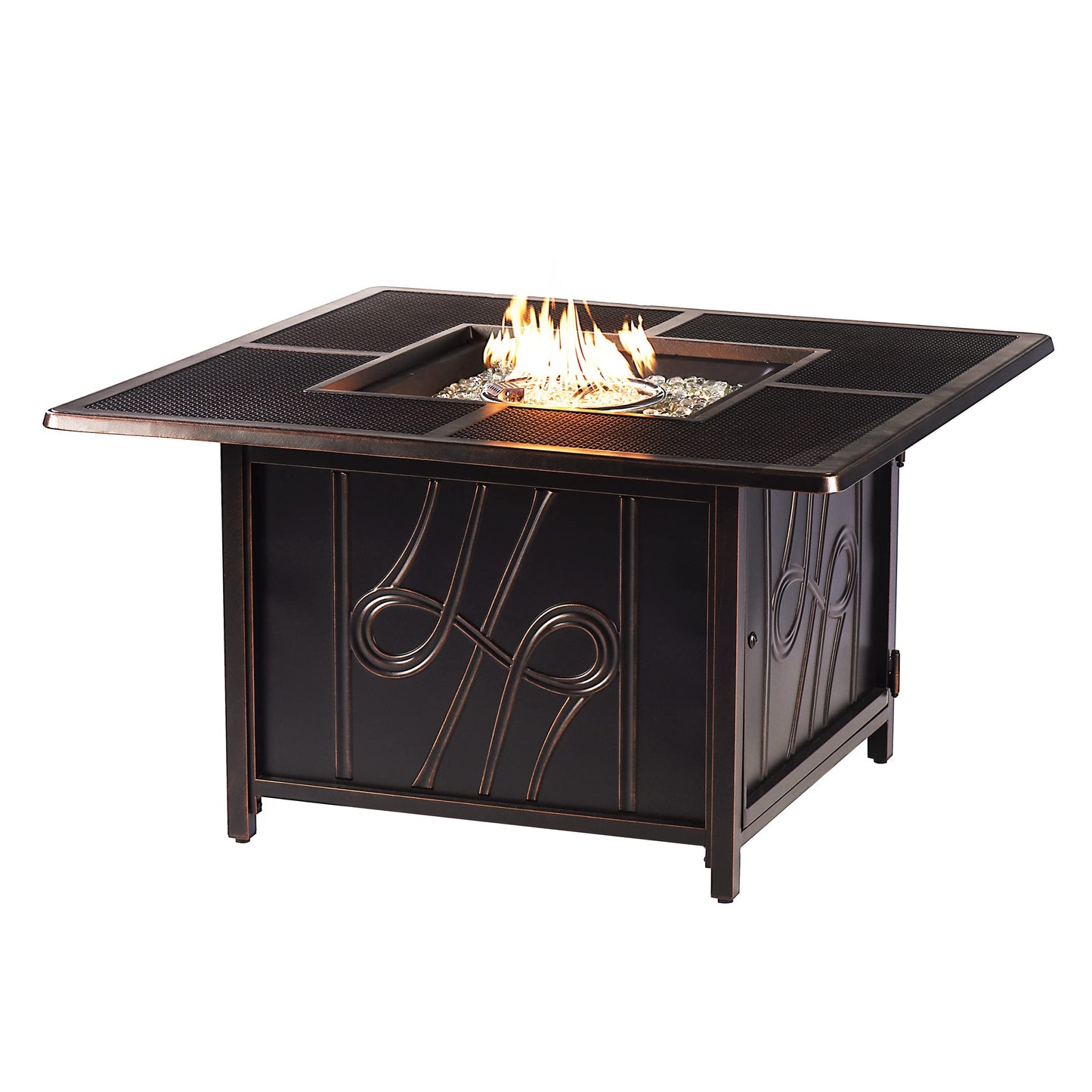 Oakland Living Black Aluminum Patio Fire Table Set with Four Club Chairs with Black Cushions