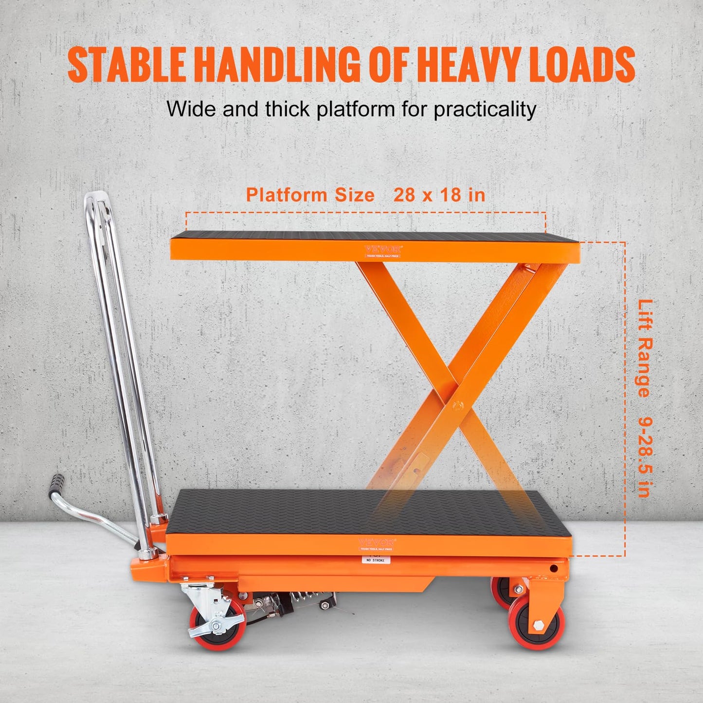 VEVOR TF23 Hydraulic Lift Table Cart, 500lbs Capacity 28.5" with 4 Wheels and Non-Slip Pad, for Material Handling and Transportation, Orange