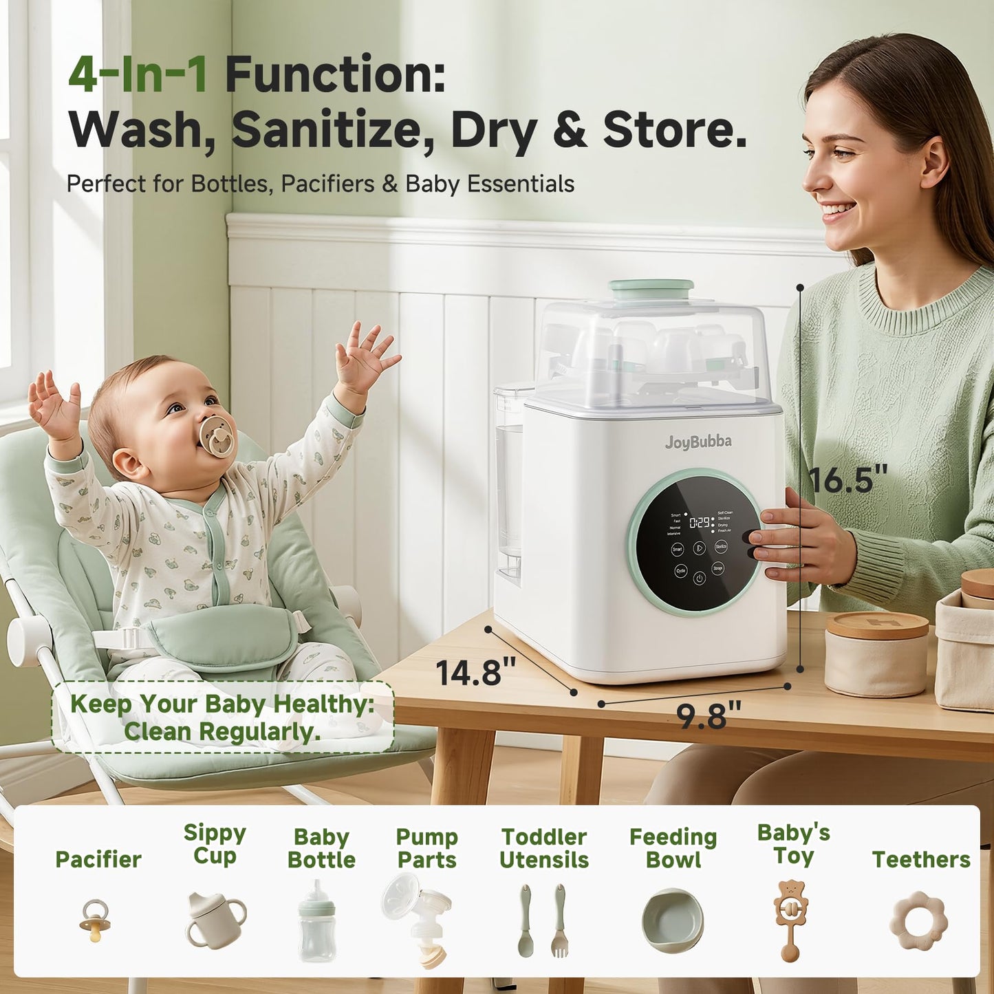 JoyBubba Bottle Washer, Sterilizer & Dryer – 4-in-One Cleaner for Baby Bottles, Pump Parts & Baby Essentials with 3 High-Temp Sterilization Modes, Includes 60 Cleaning Tablets – Saves Time & Effort.