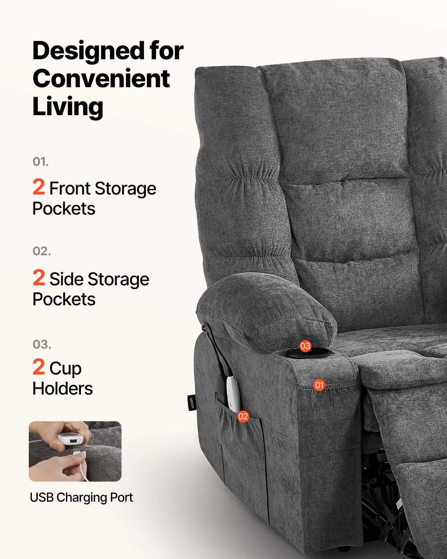 VEVOR Large Power Lift Recliner Chairs, Lift Chair with Heat and Massage for Elderly, Position Adjustable, with Side Pockets, Cup Holders and USB Port, Chenille Fabric, Dark Gray