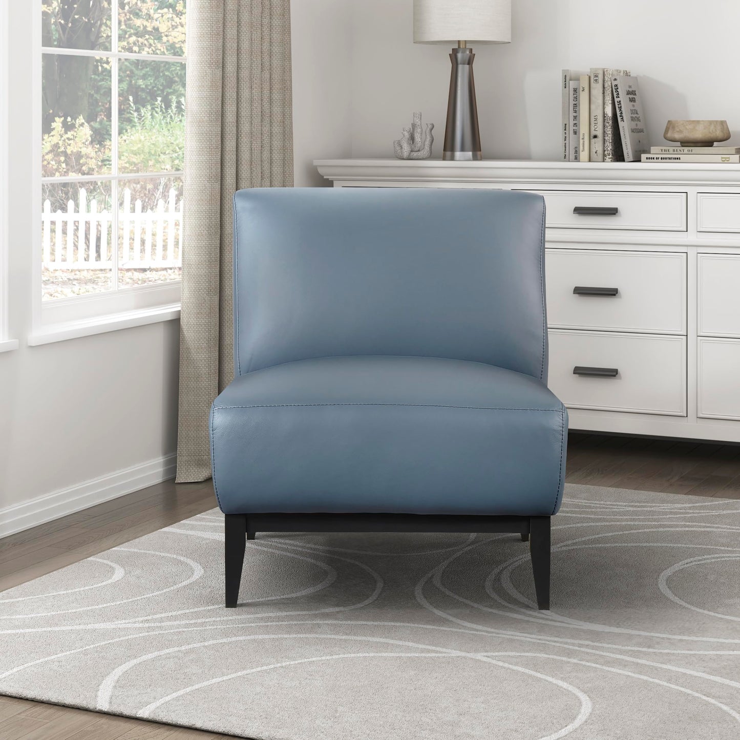 Lexicon Modern Living Room Leather Accent Chair, Luxury Genuine 100% Top Grain Leather Upholstered Armless Chair, Comfortable Seat, Black Solid Wood Legs for Bedroom/Office, Easy Assembly, Blue