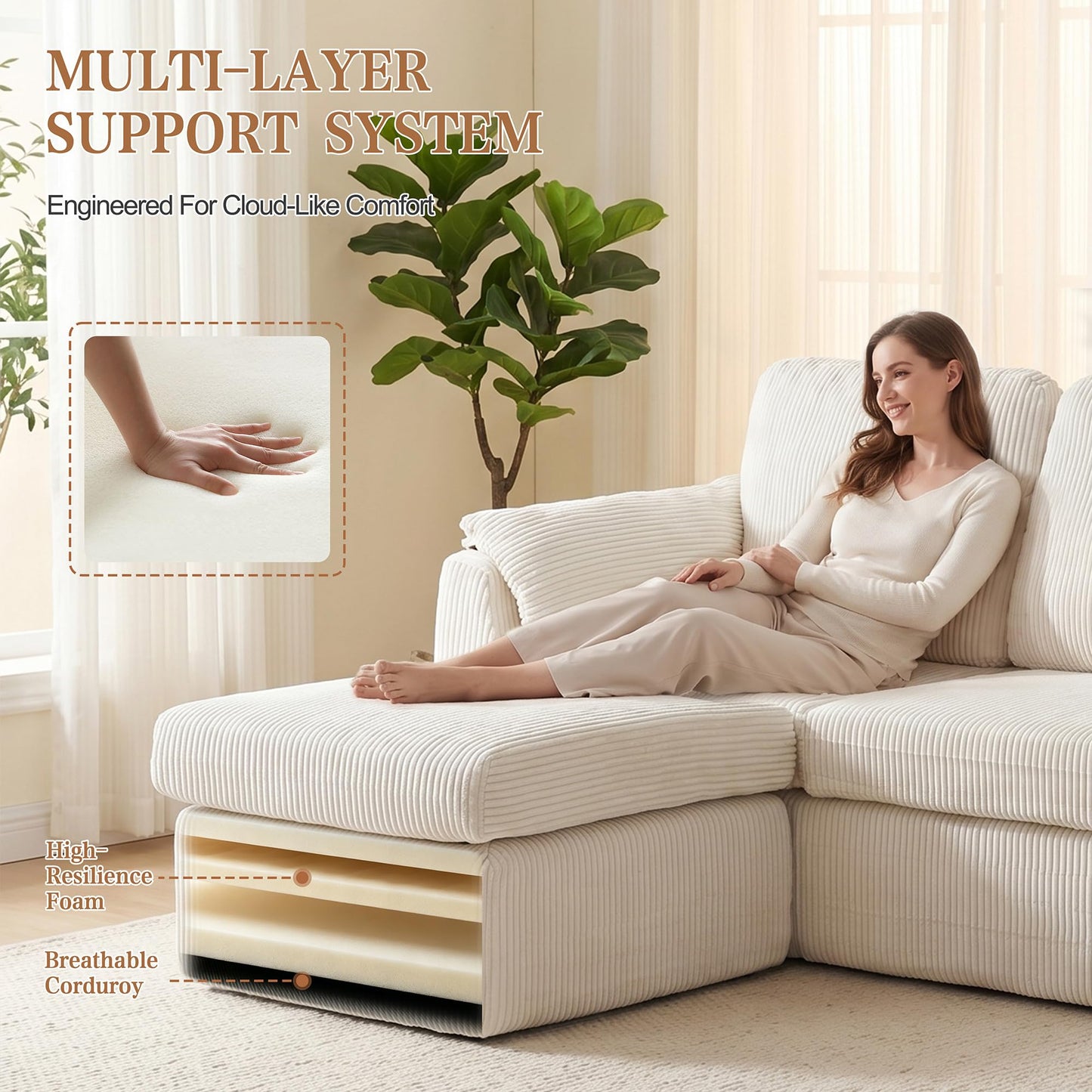 Vongrasig Boneless Convertible Sectional Sofa Couch, 3 Seat L Shaped Sofa with Removable Pillows Plush Corduroy Fabric Small Couches for Living Room, Apartment and Office, White