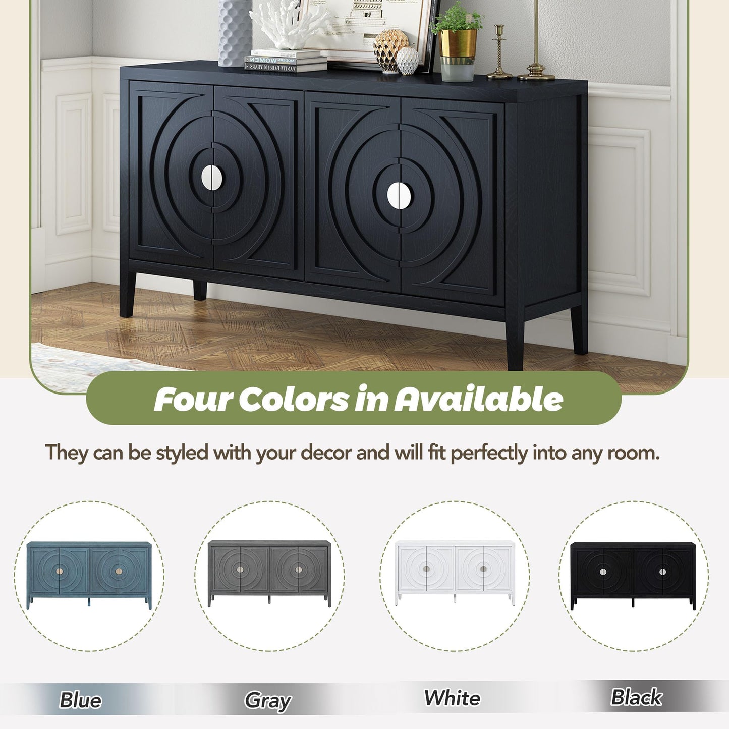 Merax Modern Rustic Wood Buffet Sideboard with Storage Shelf, 4 Doors Coffee Bar Cabinet TV Stand for Bedroom Living Room Dinning Room Kitchen Black