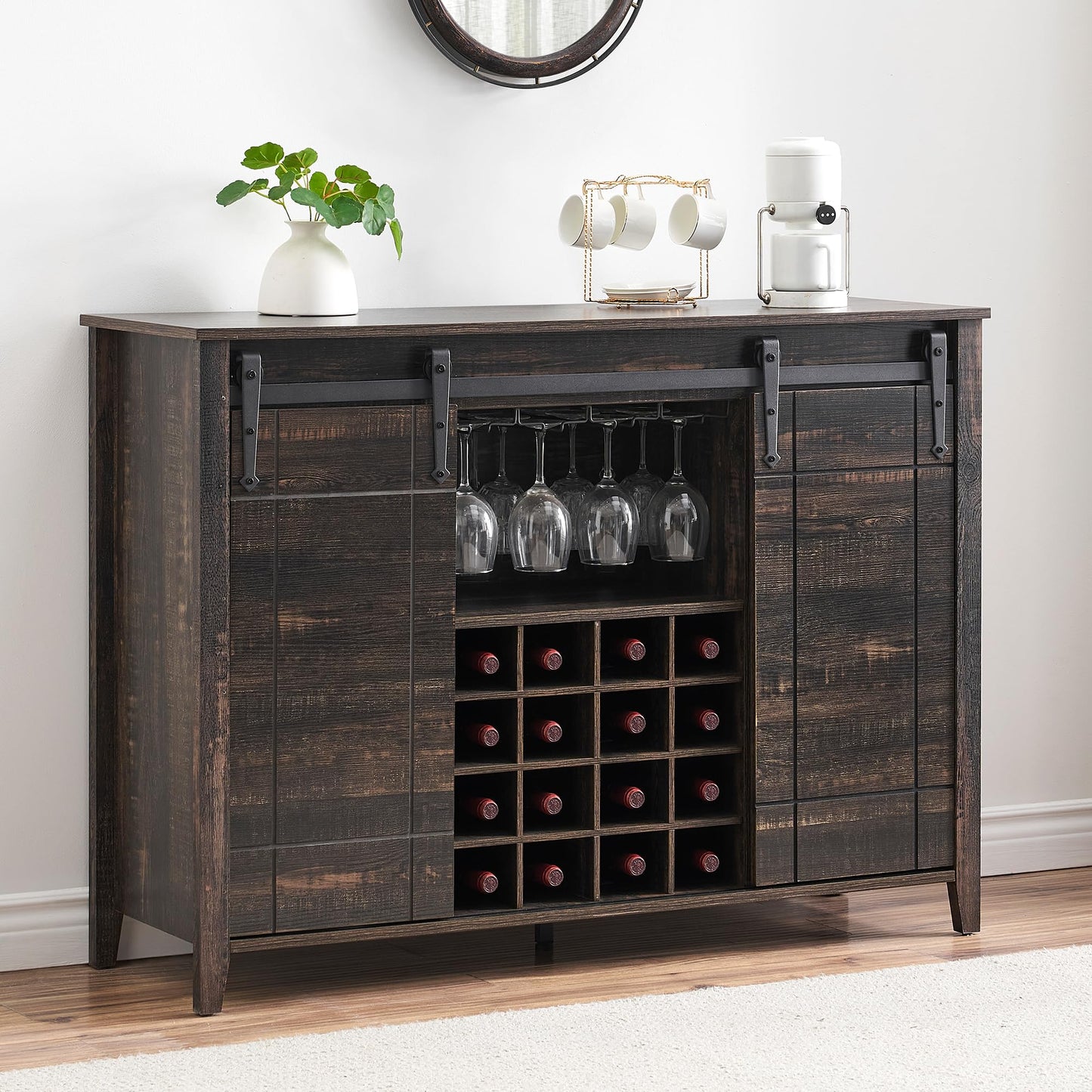 GarveeTech Farmhouse Bar Cabinet with Sliding Barn Doors, Rustic Liquor & Coffee Station with Wine Glass Racks & Adjustable Shelves, Buffet Sideboard for Dining Room, Kitchen, Entryway (Fire Finish)
