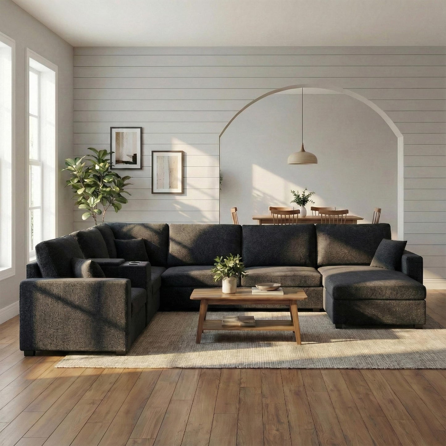 Merax Modern 134" Oversized Sectional Sofa with Piollows & Chaise Lounge, Chenille U‑Shaped Couch Set Sleeper Bed Built‑in Cup Holders, Storage Drawer for Living Room, Free Combination Black