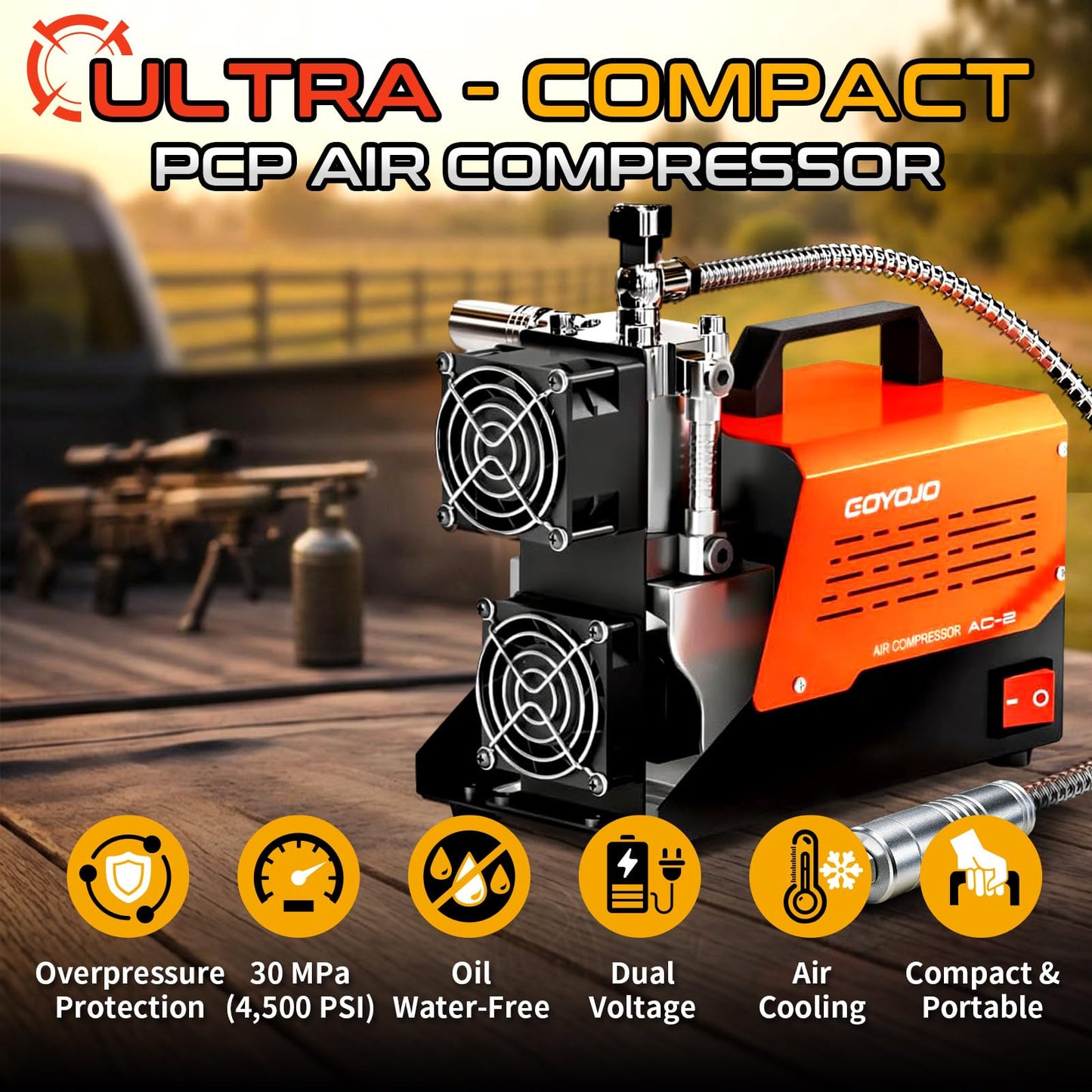 GOYOJO AC-2 PCP Air Compressor, 4500 PSI/30 MPa Portable Oil-Free Air Pump, Up to 45 Min Continuous Runtime, 12V DC & 110V/220V AC Converter, for PCP Airguns & HPA Paintball Tanks