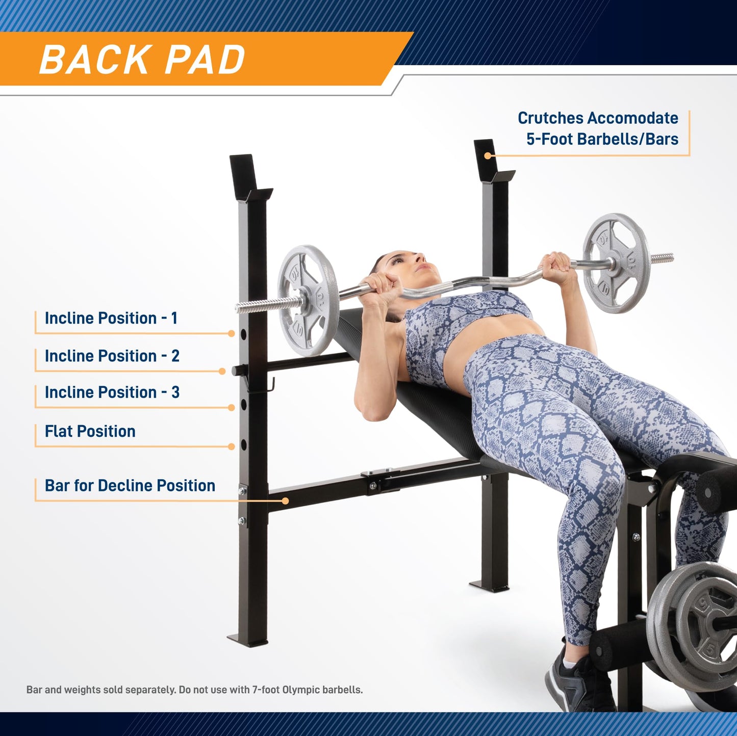 Marcy Standard Weight Bench with Leg Developer - Adjustable 5-Position Back Pad (Flat, Incline, Decline) - Home Gym Strength Training Equipment- MWB-6501