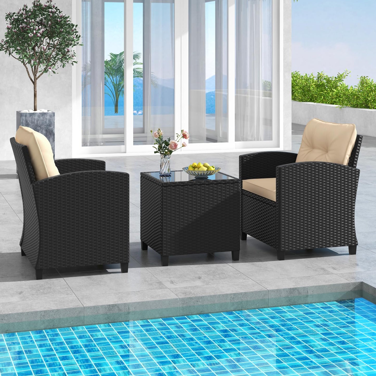 HAPPYGRILL 3 Pieces Wicker Patio Conversation Set, PE Rattan Bistro Sofa Set with Tempered Glass Coffee Table, Washable Cushions, Outdoor Furniture Set for Garden Poolside Balcony (Beige)