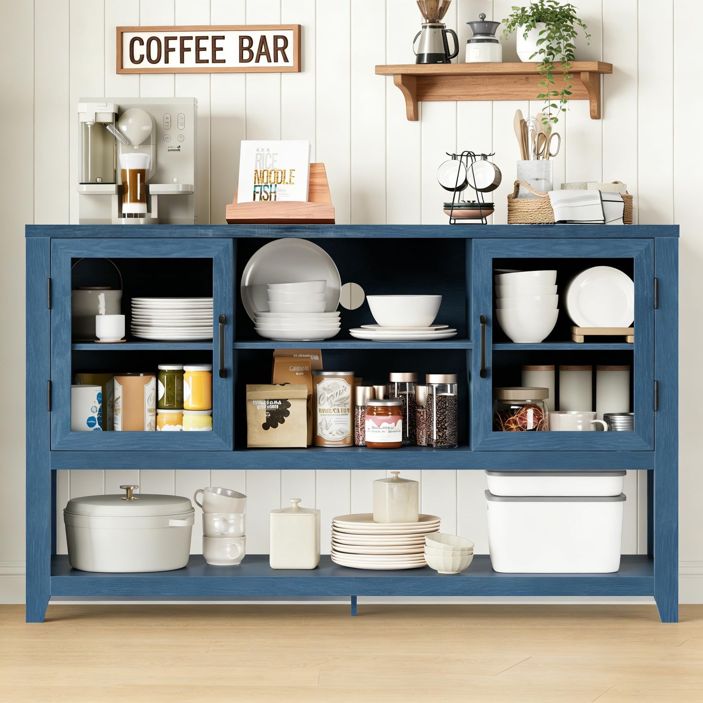 GarveeHome 53 Inch Storage Cabinet Sideboard Buffet Cabinet with 3 Shelves and 2 Glass Doors, Coffee Bar Storage Cabinet, Modern Mid CenturyCoffee Bar Cabinets for Living Room, Kitchen, Entryway