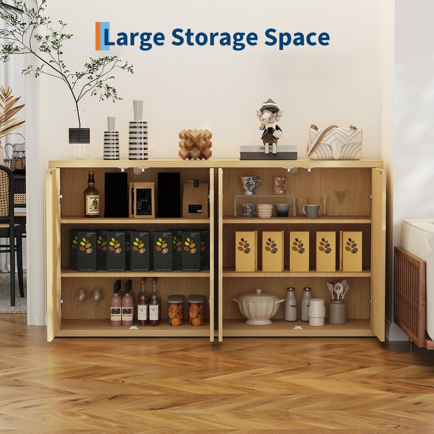 IDEALHOUSE 66.3in Large Sideboard Buffet Cabinet, Kitchen Modern Fluted Cupboard Coffee Bar Console Table Credenza Storage Cabinet with Adjustable Shelves for Living Room Hallway, 4 Doors