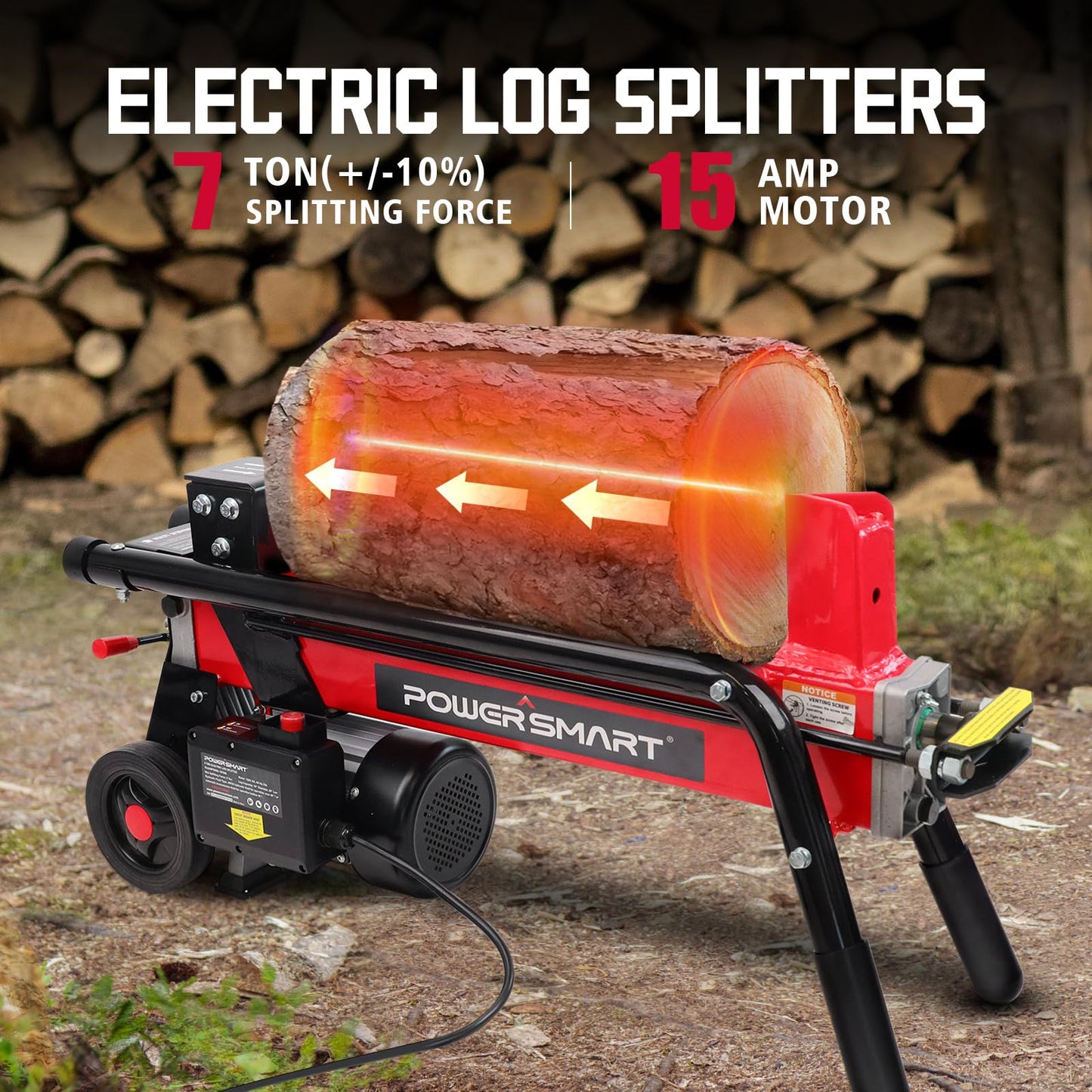 PowerSmart Electric Log Splitter 7-Ton, Wood Splitter with 3500 Motor Speed, 15 Amp, Horizontal Full Beam Design and Steel Wedge for Firewood & Kindling Cutting
