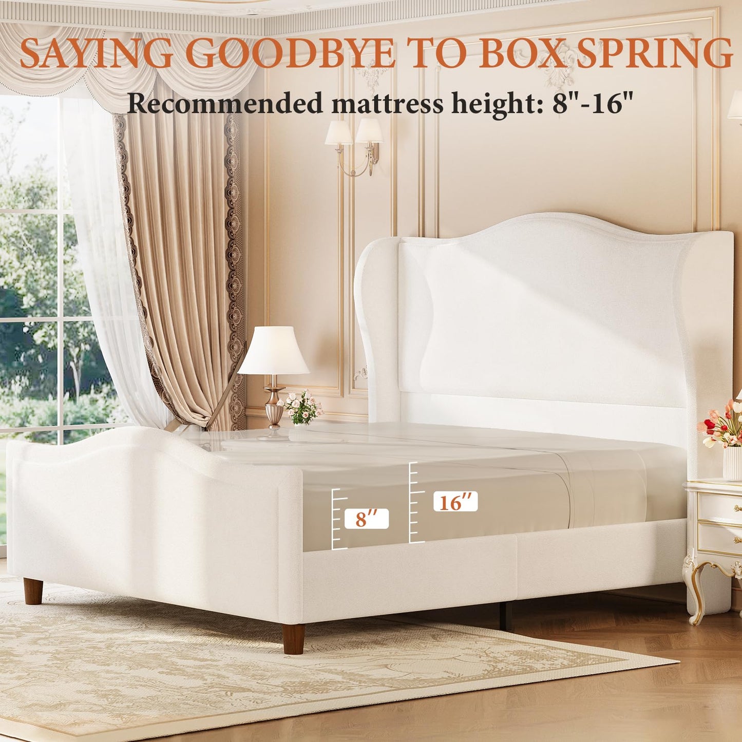 koorlian Queen Bed Frame Chenille Upholstered Platform Bed with Headboard and Footboard, 51" High Deep Tufted Wingback Sleigh Upholstered Bed, Modern Retro Minimalist Style, Easy Assembly, Cream