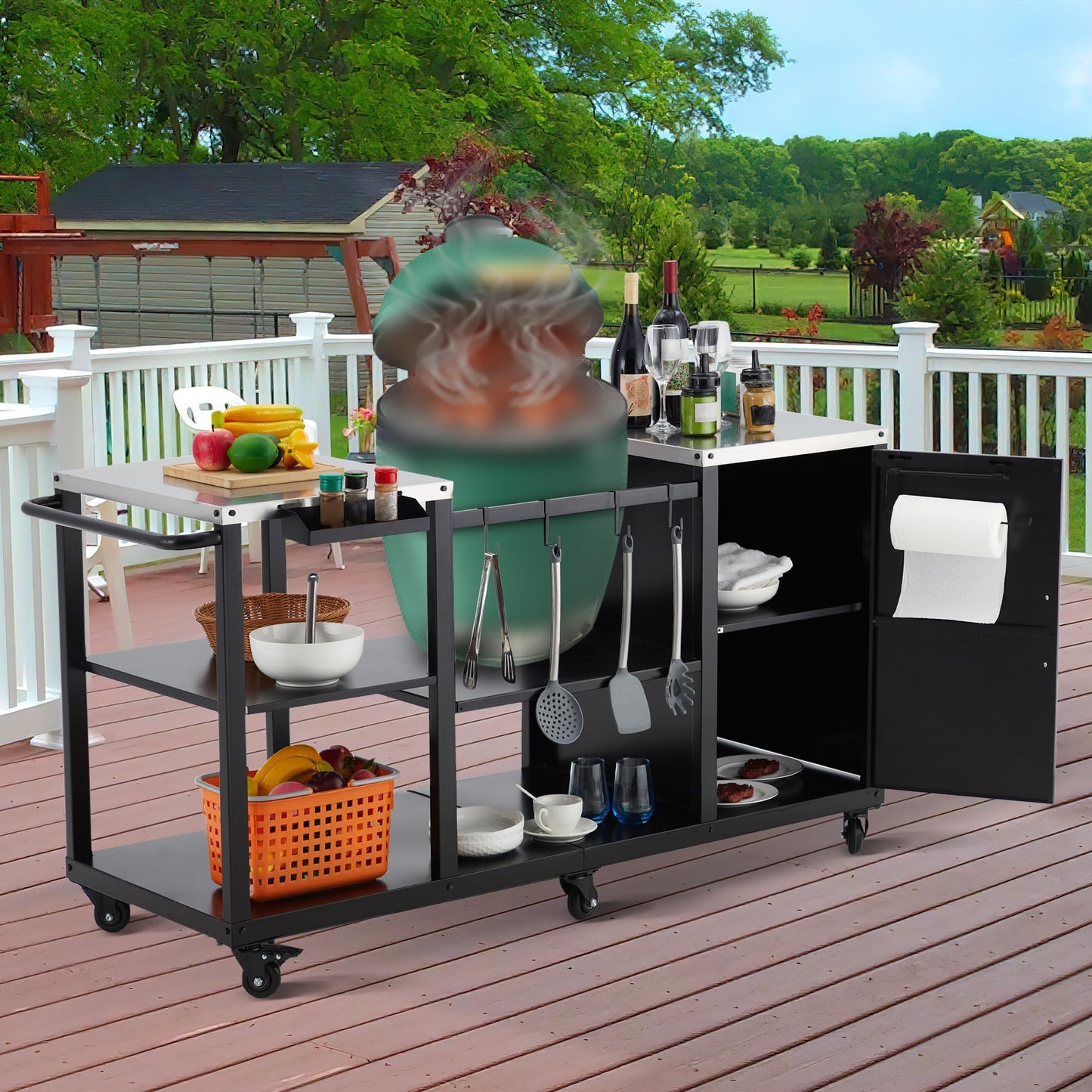Grill Cart for Big Green Egg Style BBQ, Heavy Duty Metal Outdoor Grill Station Prep Table with Storage,BBQ Prep Table with Stainless Steel Top, Storage Cabinet, Outdoor Kitchen Island