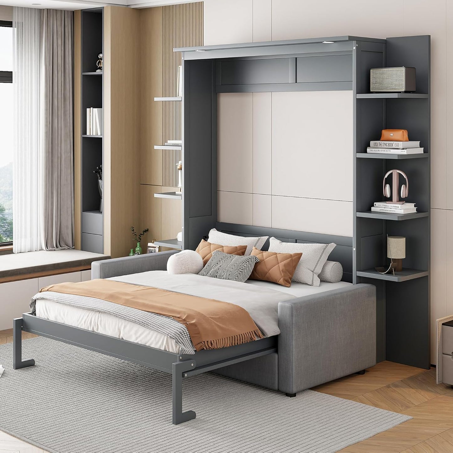 Queen Murphy Bed with Couch and Storage Shelves,Wood Murphy Wall Bed Cabinet with Storage Shelves and Sofa,Folding(Grey)