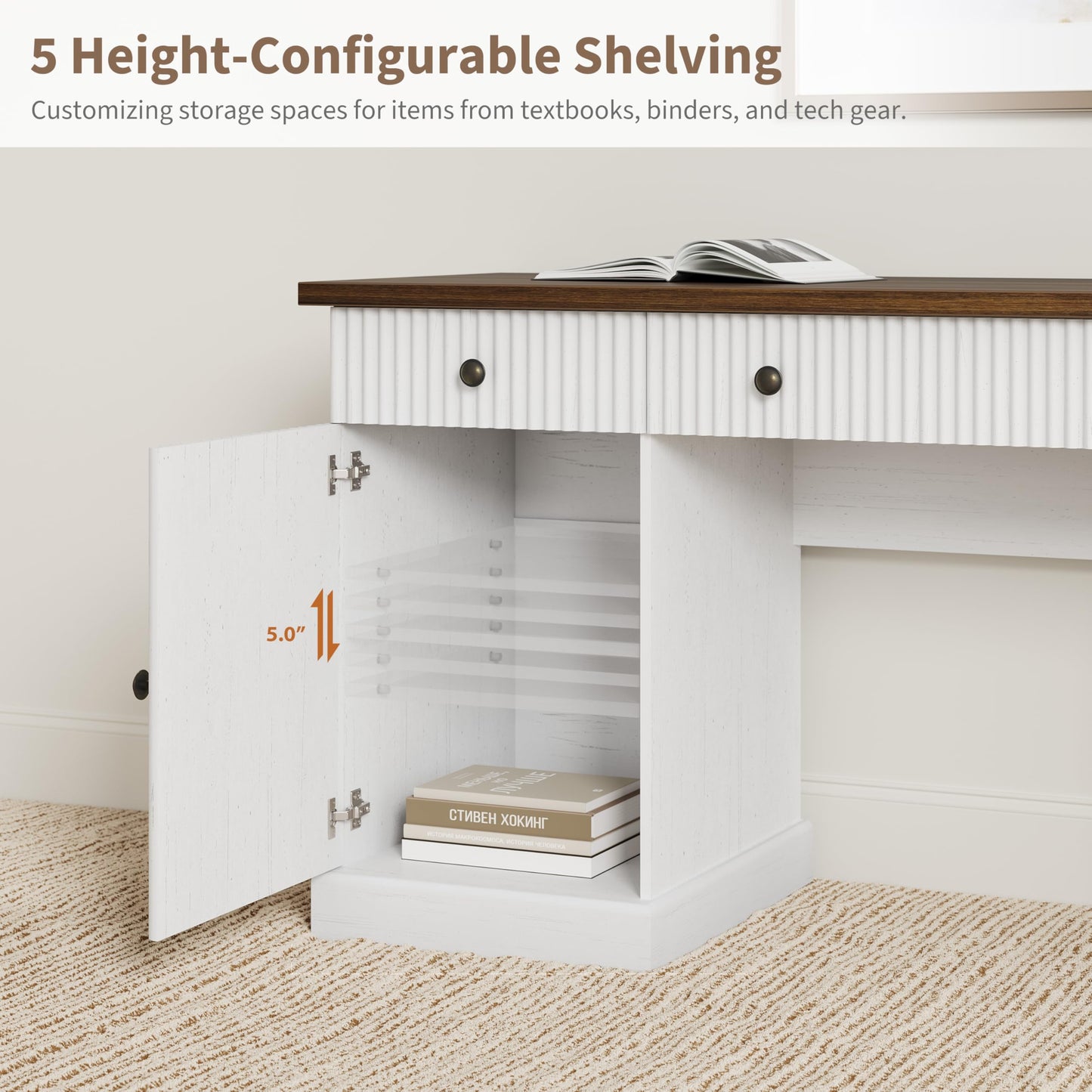 Garvee 60" Office Desk with Storage Cabinet & Drawers. Fluted Wood Computer Desk with Power Outlet & Adjustable Shelves.Modern Executive Desk for Home Office/Bedroom/Gaming-White