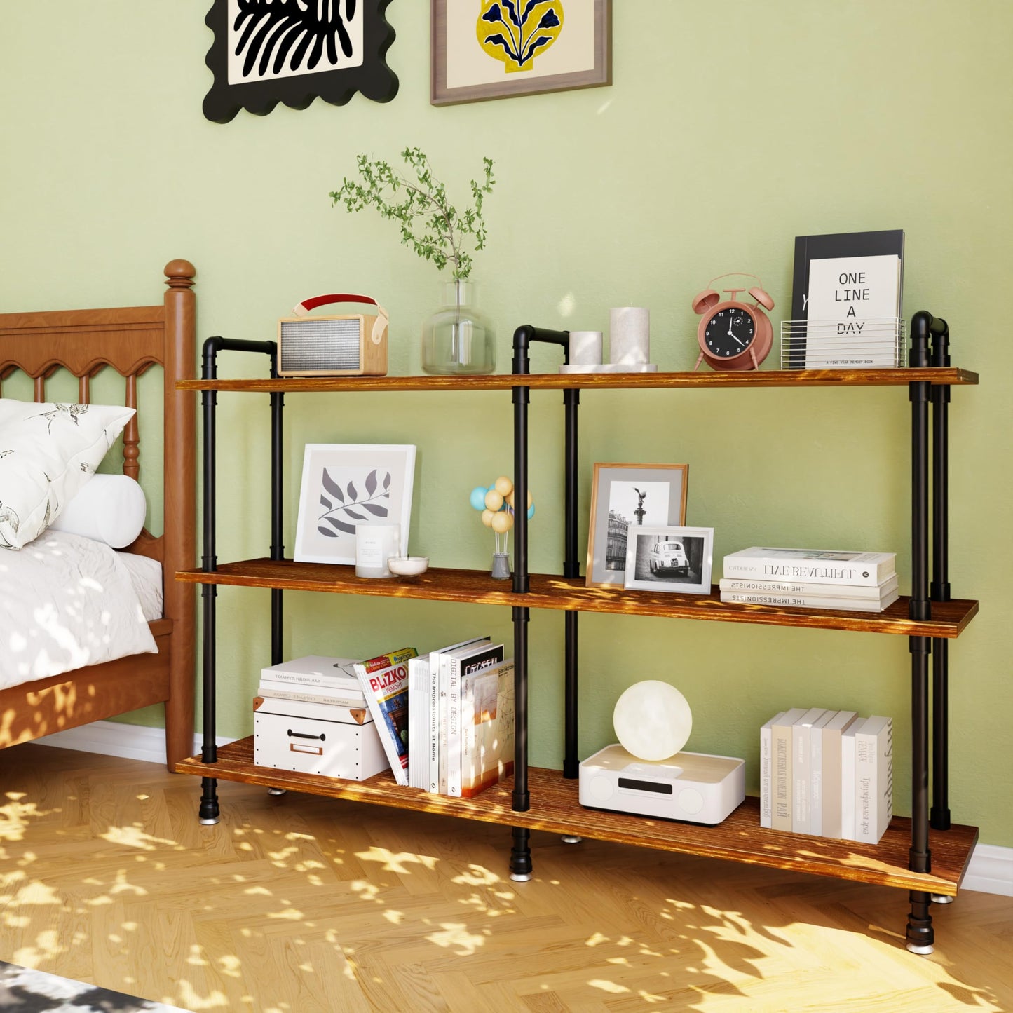 Industrial Bookshelf, Rustic Open Bookcase, 3 Tier Wide Wood and Metal Bookshelf, Solid Pine Wood and Iron Pipe Long Storage Shelf Wide Open Storage Shelf for Living Room Office Bedroom Kitchen