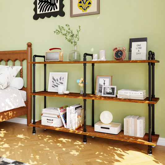 Industrial Bookshelf, Rustic Open Bookcase, 3 Tier Wide Wood and Metal Bookshelf, Solid Pine Wood and Iron Pipe Long Storage Shelf Wide Open Storage Shelf for Living Room Office Bedroom Kitchen
