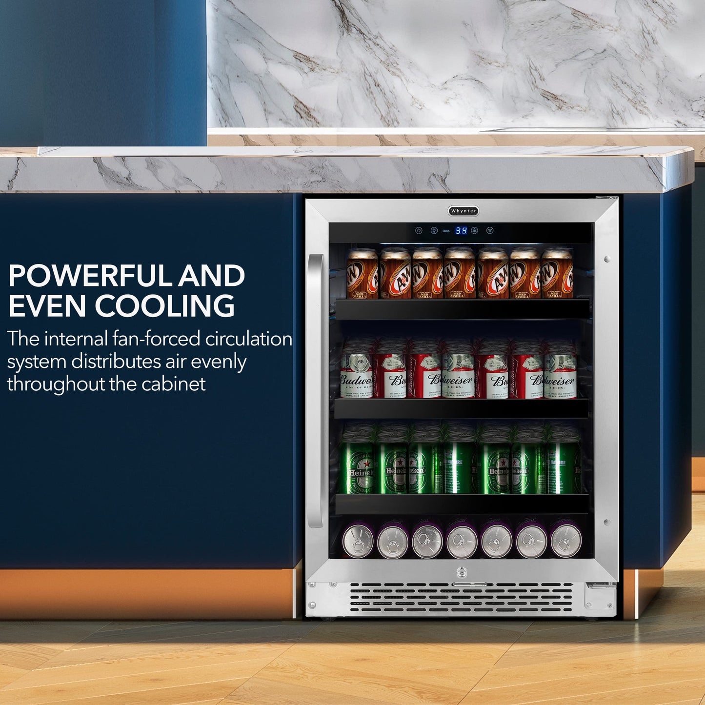 Whynter 180 BBR-148SB Built-in 182 Can Undercounter Beverage Refrigerator with Reversible Door, Digital Control and Lock, 5.1 Cubic Feet, Stainless Steel