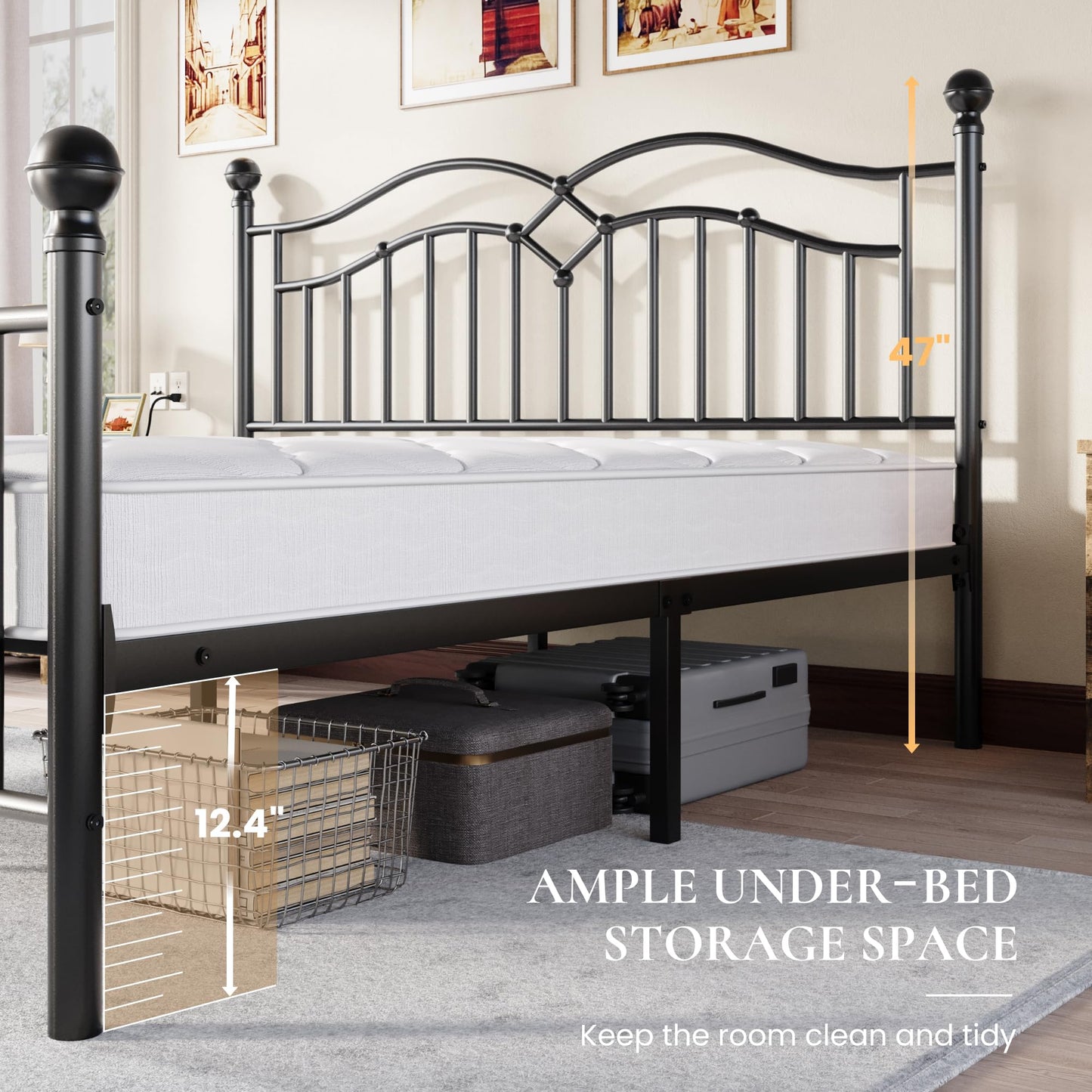 SHA CERLIN Vintage King Metal Bed Frame with Headboard and Footboard, Heavy Duty Platform Bed Frame, 12.4" Under-Bed Storage, Noise-Free, No Box Spring Needed, Easy Assembly, Black