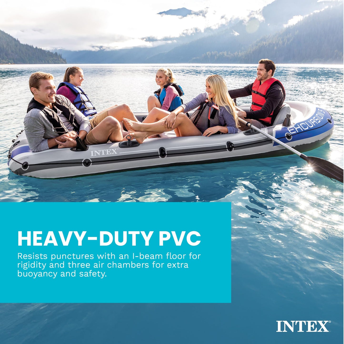 Intex Excursion 5 Person Inflatable Boat, Water Fishing River Raft Set w/ Oars - Large 1,300 Lb Capacity Portable Blow-Up 5 Seater Raft for Adults