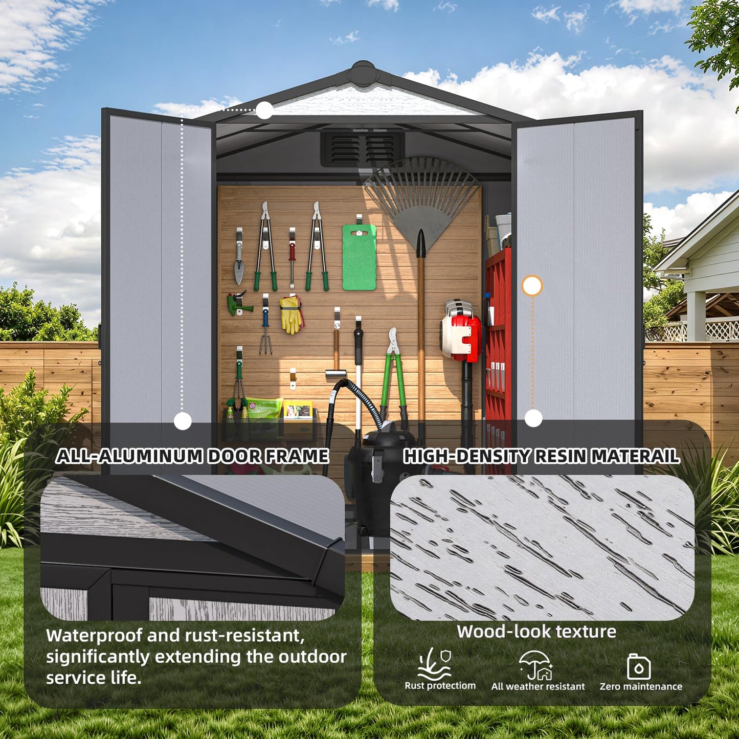 MELLCOM 6x4 FT Resin Outdoor Shed with Lockable Door and Floor, Garden Plastic Storage Shed with Windows, Resin Outdoor Storage Tool Shed for Bike, Garbage Can, Lawnmower