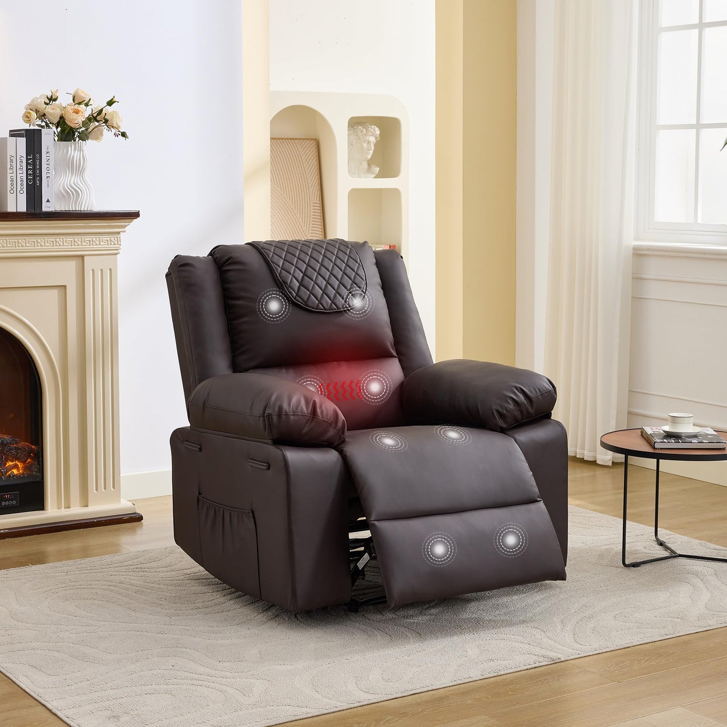 Manual Recliner Chair for Adults - 135° Front & Rear Adjustable, with Heating & Massage, Side Storage Pockets & Remote Control, Ideal for Living Room & Bedroom(Coffee)