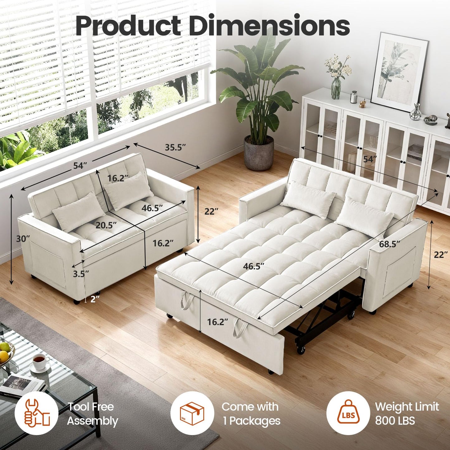 Trygoal 3 in 1 Convertible Sofa Bed, Loveseat Sleeper Sofa with Large Side Pockets, Pull Out Couch with Adjustable Backrest, Easy Assembly, Velvet Couch Bed for Small Spaces, Apartment, White