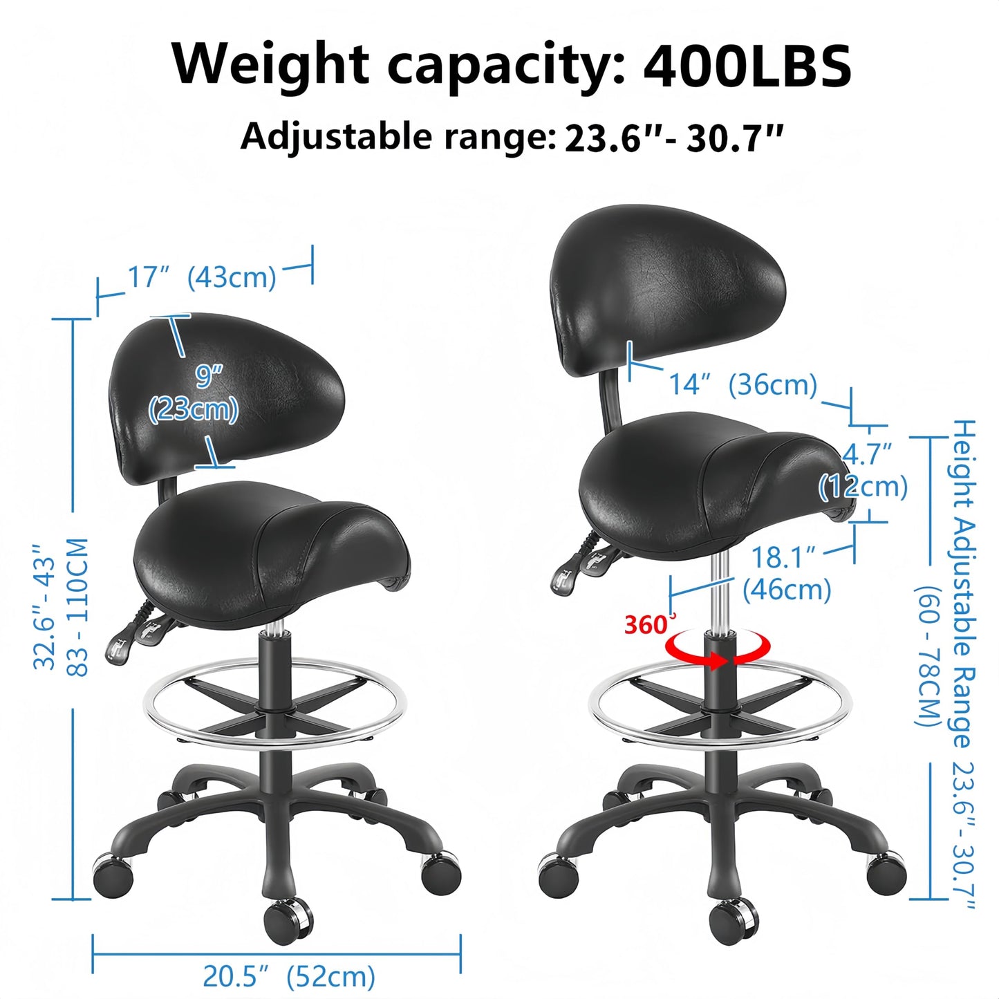 Ergonomic Adjustable Drafting Chair with Oversized Saddle Seat, Heavy-Duty Esthetician Stool for Salon Office Workshop Stool, Smooth Casters for Hard Soft Floors(with Backrest/Footrest,Black)