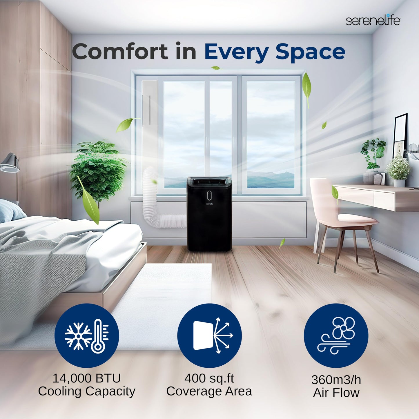 SereneLife 14000 BTU Portable Air Conditioner - 115V Compact Standing Air Conditioner for Room Up to 450 Sq. Ft., 3-in-1 Floor AC Unit with Remote Control - Universal Casters, Window Mount Kit