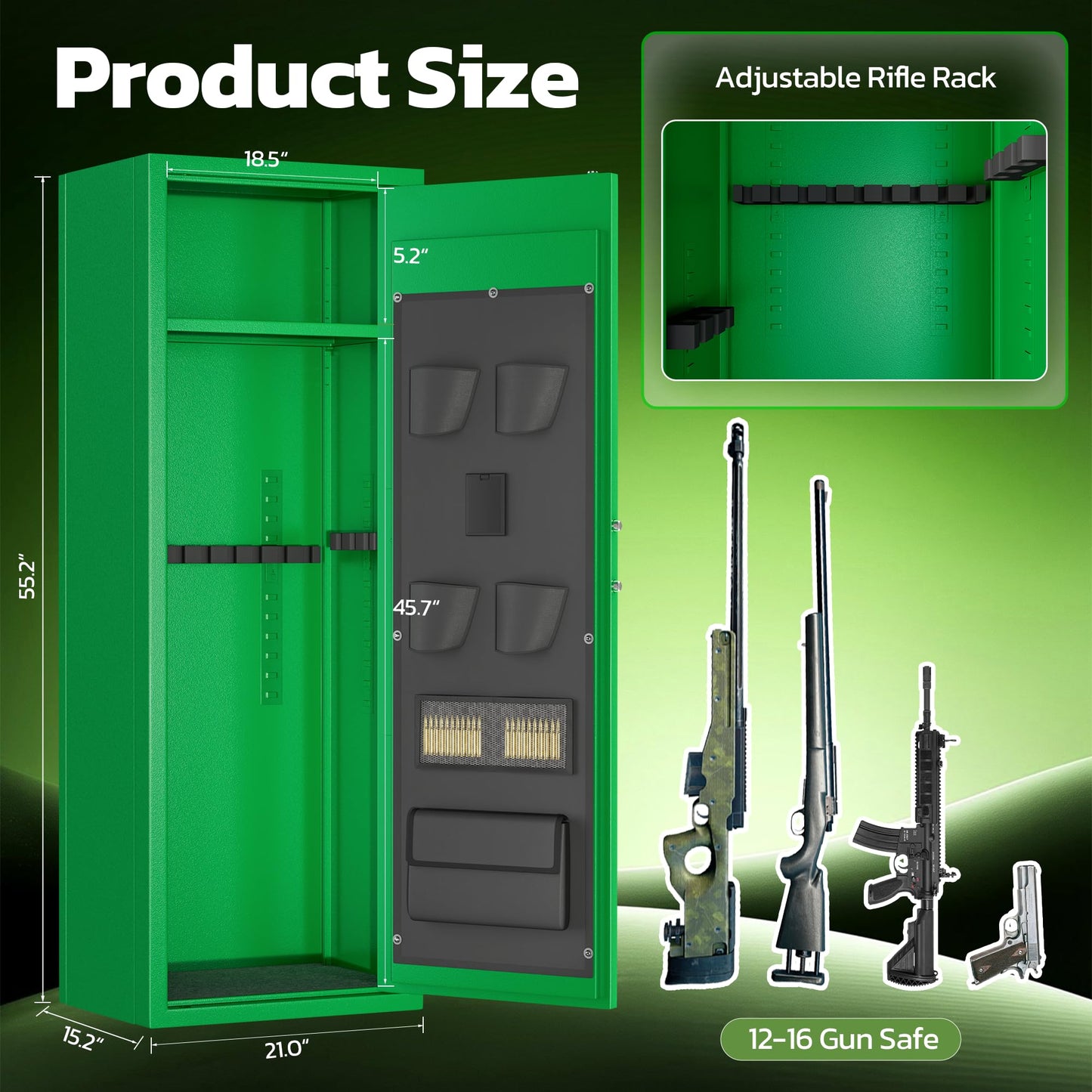 Greenvelly 14-16 Gun Safe for Rifles and Pistols, Rifle Safe with Keyboard Lock, Gun Cabinet for Rifles and Shotguns, Quick Access Fireproof Gun Safe with Pocket and Gun Rack for Home, Green