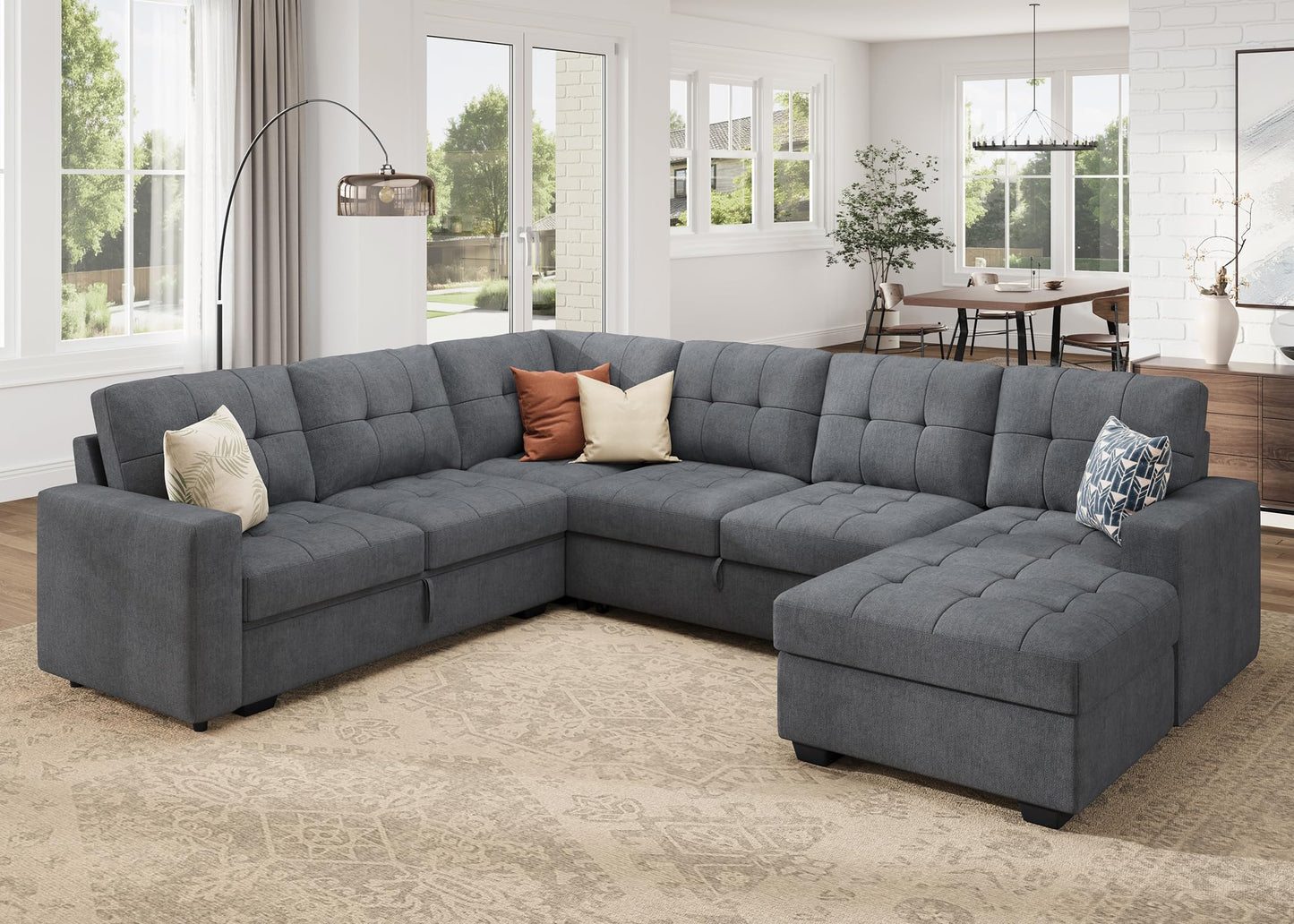 HONBAY Sectional Sleeper Sofa, Sleeper Sofa Couch with Storage Chaise, Sectional Couch with Pullout Bed for Living Room, Bluish Grey