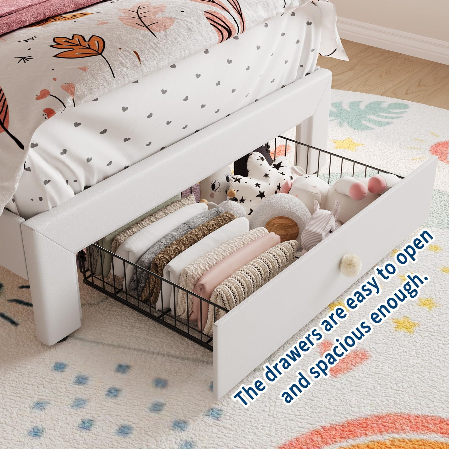 BouPower Twin Size Bed Frame for Girls with Storage Drawers & LED Lights, Upholstered Platform Bed, Velvet Crystal Button Princess Bed, Noise-Free Slats, No Box Spring Needed for Kids, Teens, White