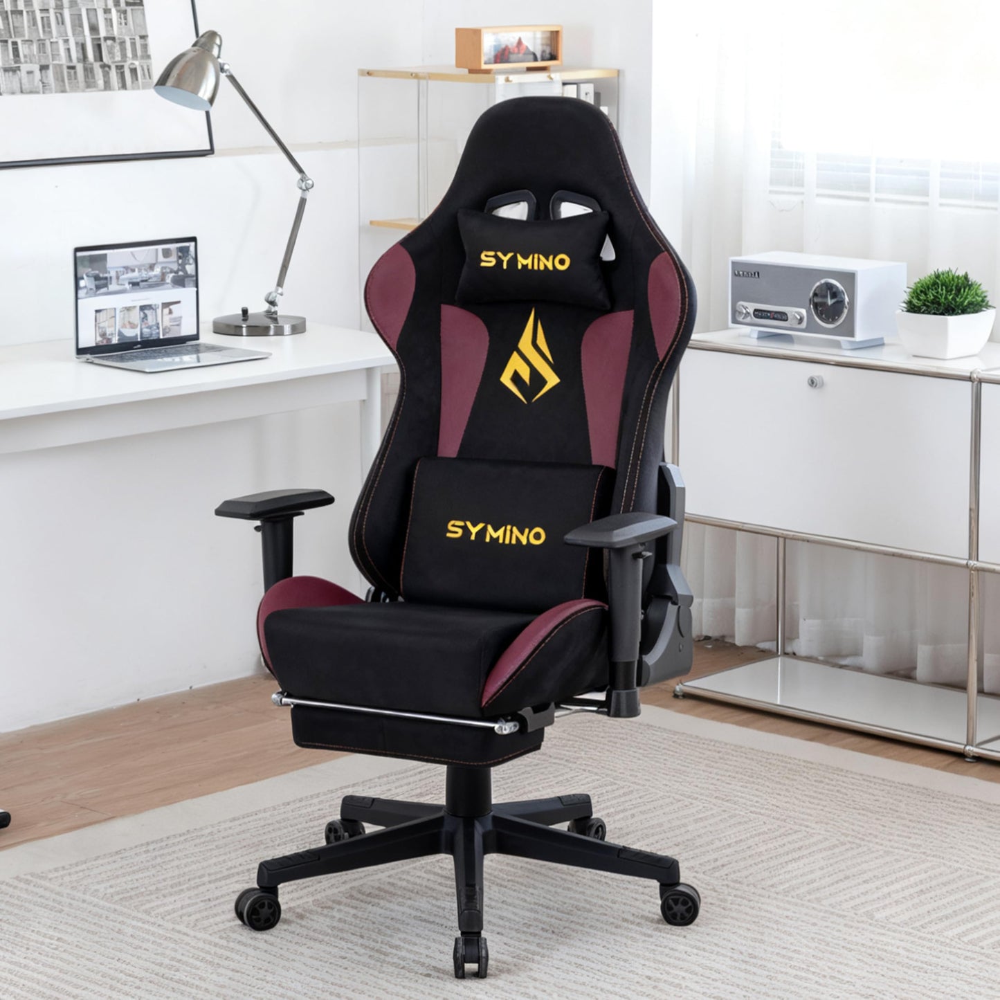 Symino Gamer Chair, Two-Tone Design, Wrap Seat, Lumbar Support & Head, 150° Tilt, Gas Class 3 SGS, 150 kg (Faux Suede, Black Red)