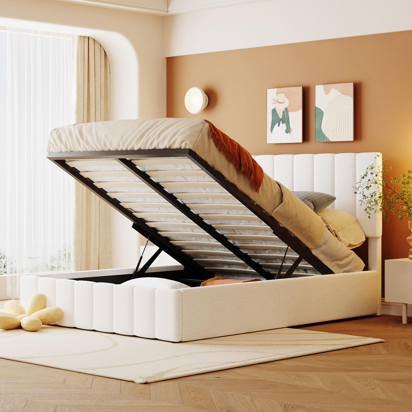 Bellemave Full Size Upholstered Platform Bed with Hydraulic Lift up Storage, Upholstered Full Bed Frame with Tufted Headboard and Wood Slats Support, White