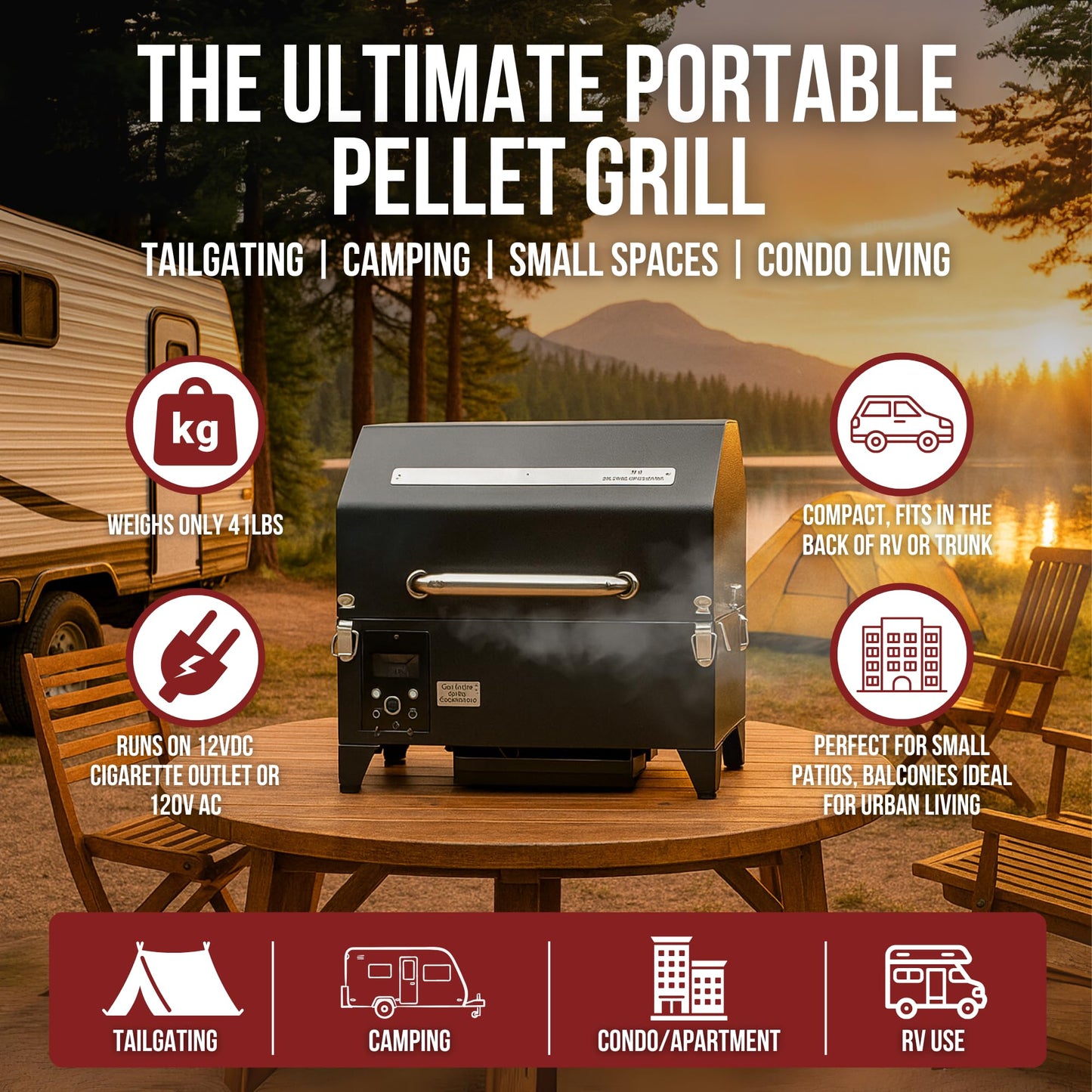 Freedom Portable Pellet Grill & Smoker: Digital Display, Dual Meat Probes, 242 sq in Cooking Area, AC/DC Powered, Black