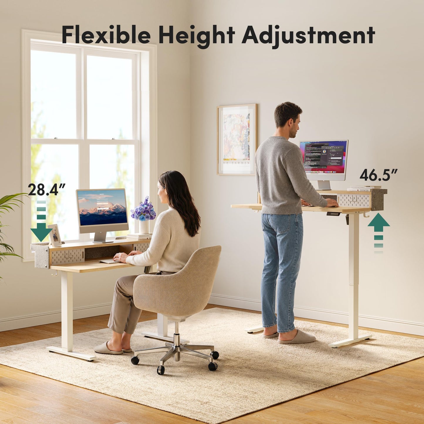 FEZIBO 48 X 24 Inch Standing Desk with Storage, Adjustable Height Sit Stand Desk with Sliding Pegboard Organizer, Felt Wall Bumper, Monitor Arm Compatible for Home Office Workstation, Maple