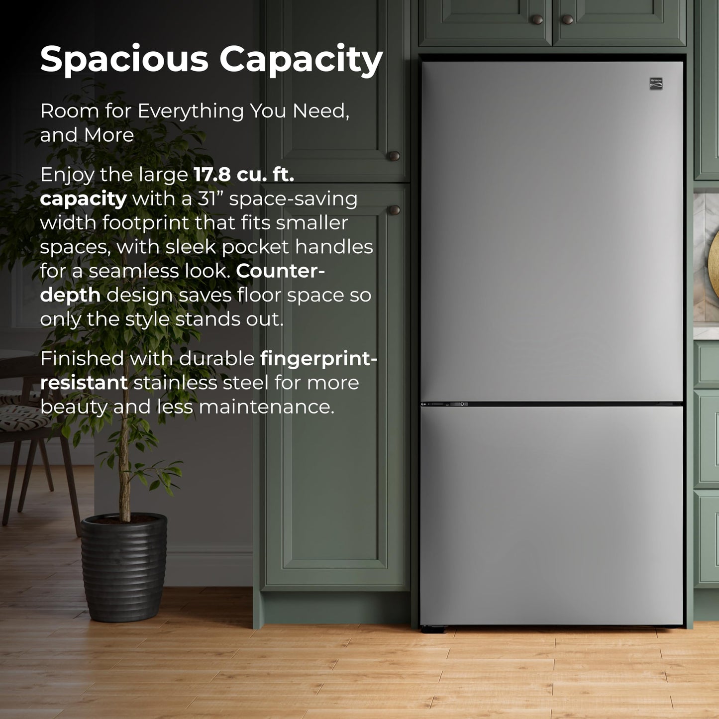 Kenmore 31" Bottom Freezer Refrigerator, Counter Depth - Ice Maker, Adjustable Shelving, Crisper Drawers, ENERGY STAR Certified, 17.8 cu. ft. Capacity, Fingerprint Resistant Stainless Steel