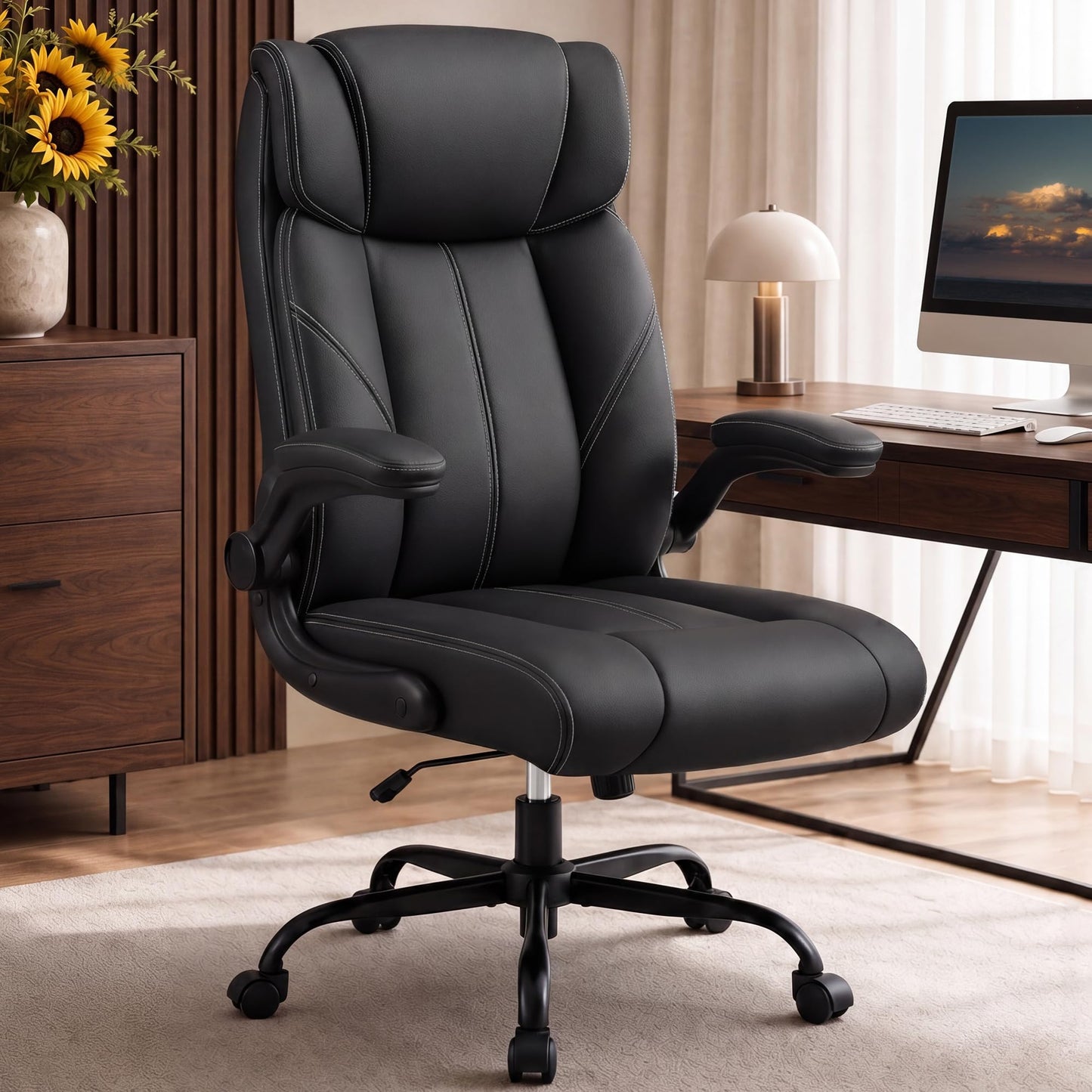 OwgeinSet Office Chair, Leather Ergonomic Computer Desk Chair with Rocking Function, High Back Executive Home Office Chair with Adjustable Flip-up Armrests, Lumbar Support, 360° Swivel, Black