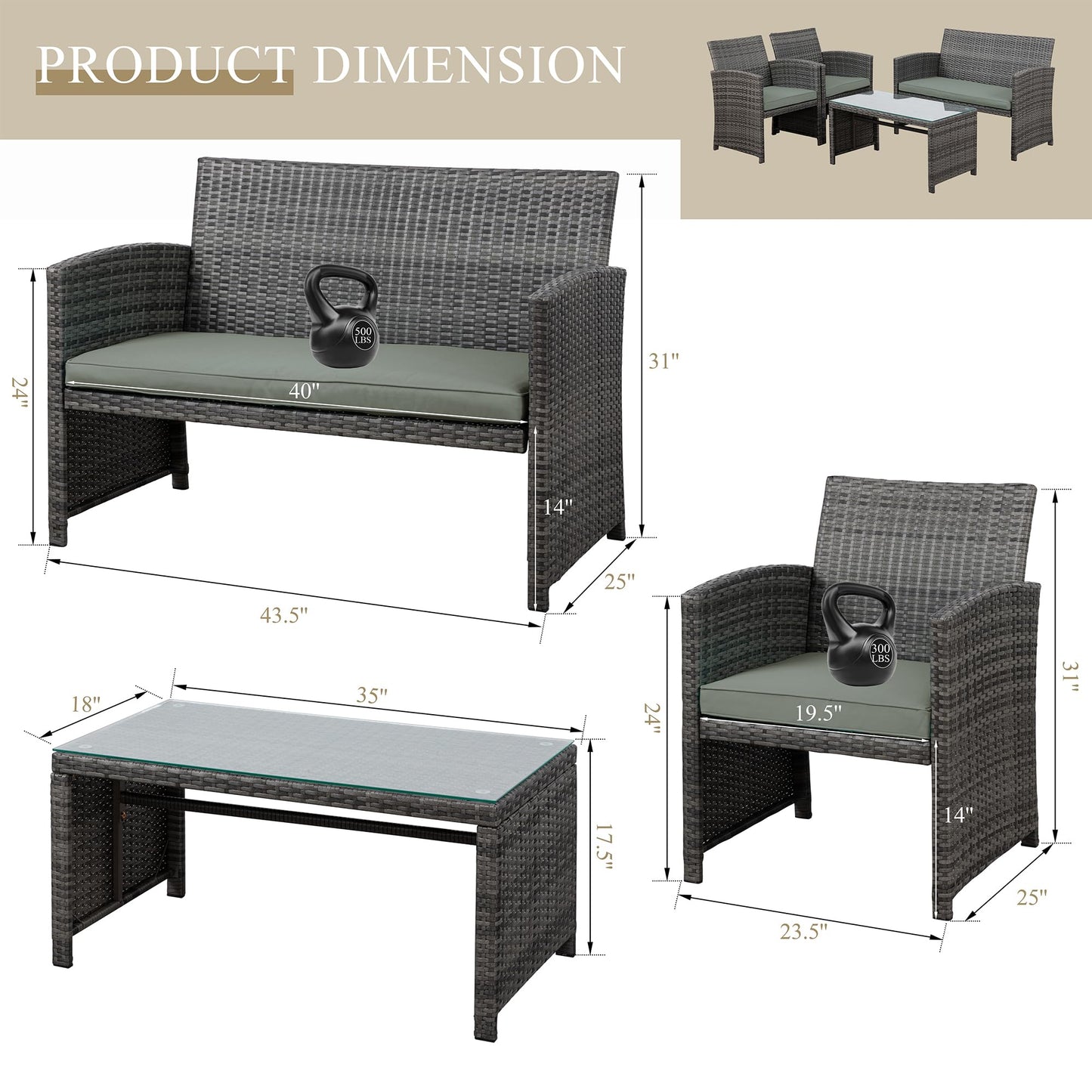 JAMFLY 4 Piece Outdoor Patio Furniture Set, Outdoor Wicker Rattan Chairs Conversation Sets with Cushions & Coffee Table for Outside, Garden, Balcony, Porch, Grey