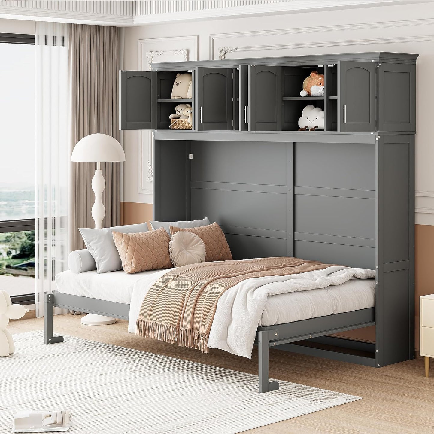 MERITLINE Queen Horizontal Murphy Bed with Storage Cabinet,Wood Grey Murphy Wall Bed Queen Folding Adult Murphy Bed Queen Size