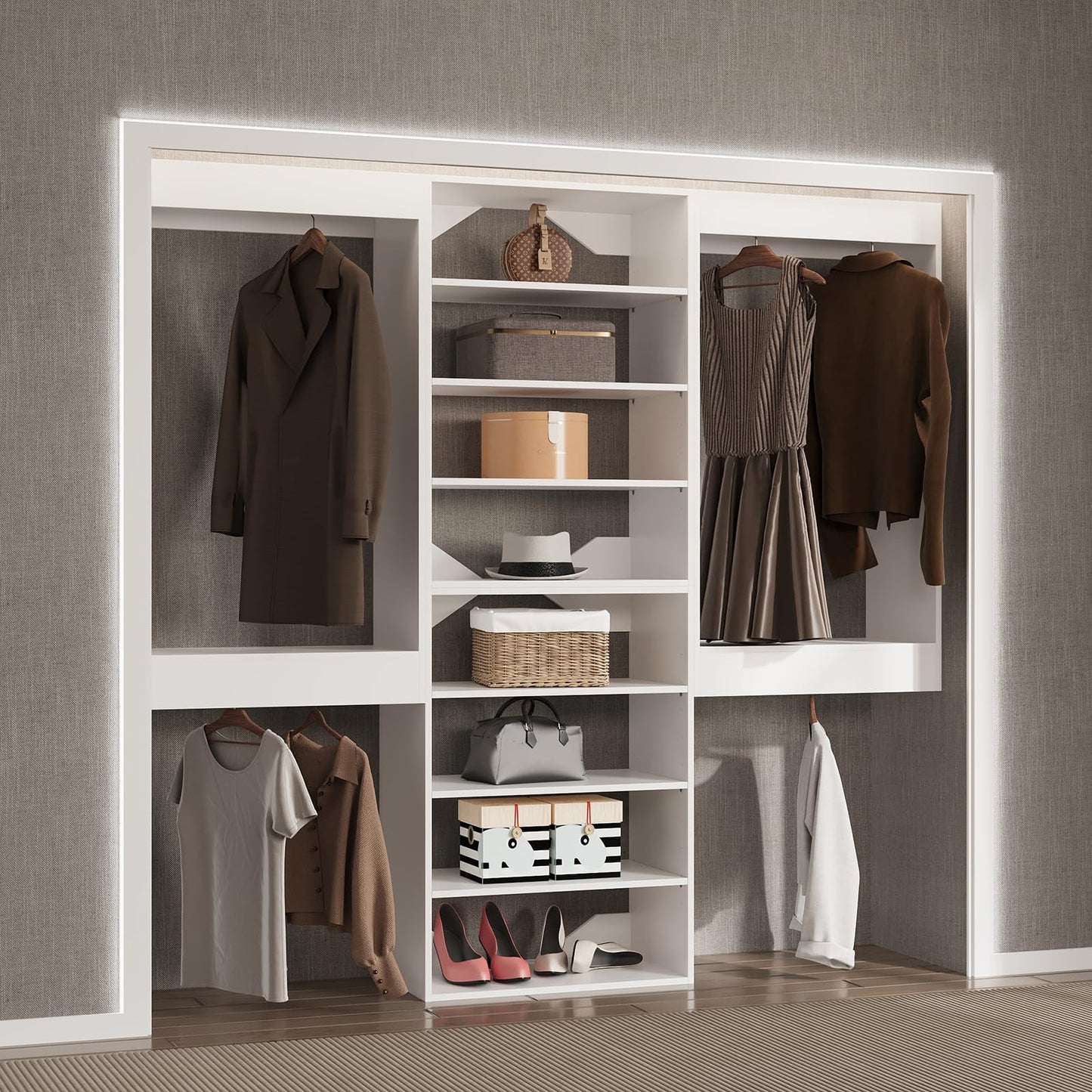 MODCART Modular Closet System, 60" Wide Closet Organizer System with Hanging and Towers, Wood Tower Closet Storage for Walk In Closets, Wall Mounted Wardrobe Organizer Kit System, Bedroom, White