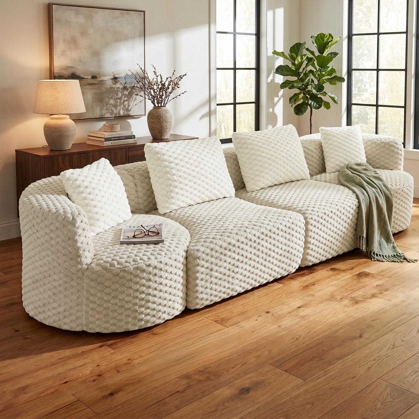 Merax 138" Curved Modular Sectional Sofa Set, Compressed 4 Seat Bubble-Velvet Boneless Sectional Couch Sofa with Deep Seat & Pillow, Comfy Cloud Soft Couches for Living Room, Easy Assembly, Grey