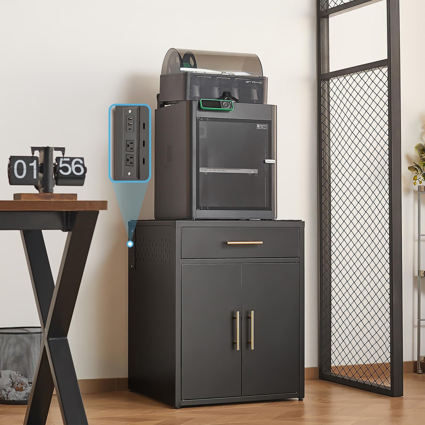 LEYNOT Metal 3D Printer Table, with Filament Storage, Silent Desk Pad, Charging Station & Drawers - Dustproof, Heavy-Duty for Home Office and Studio (Double Door Style - Black)