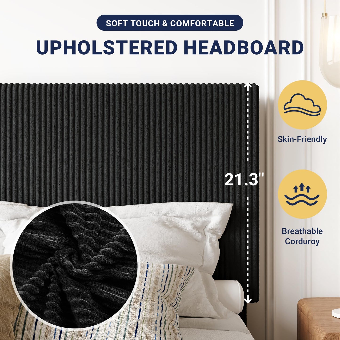 Allewie Queen Bed Frame, Upholstered Platform Bed, Adjustable Vertical Channel Tufted Headboard, Corduroy Fabric, Modern Low Profile, Wooden Slats, No Box Spring Needed, Easy Assembly, Black
