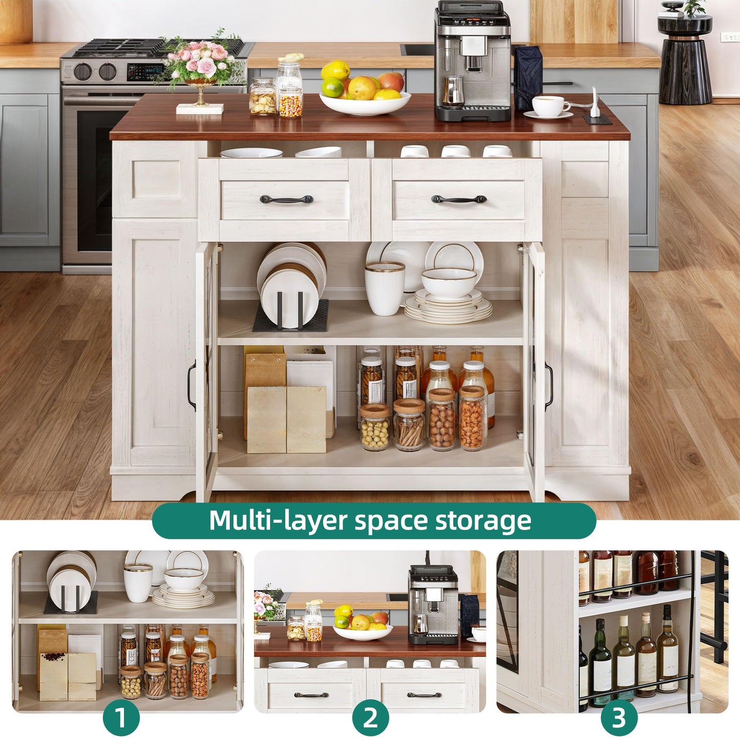 YITAHOME Kitchen Island with Seating, 47 Inch Mobile Storage Island with Drop Leaf, Rolling Islands Table with Power Outlet & Spice Rack, 2 Upholstered Stools and Footrest, for Dining Room, Off White