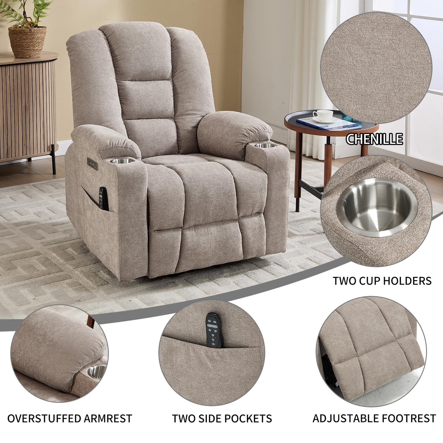 KEIKI Oversized Power Lift Recliner Chair with Heat & Massage, Reding Rocking Chair for Adults, High Seat Cozy Chenille Recliner with Side Pockets, USB Port, Cup Holders & Lumbar Support, Khaki