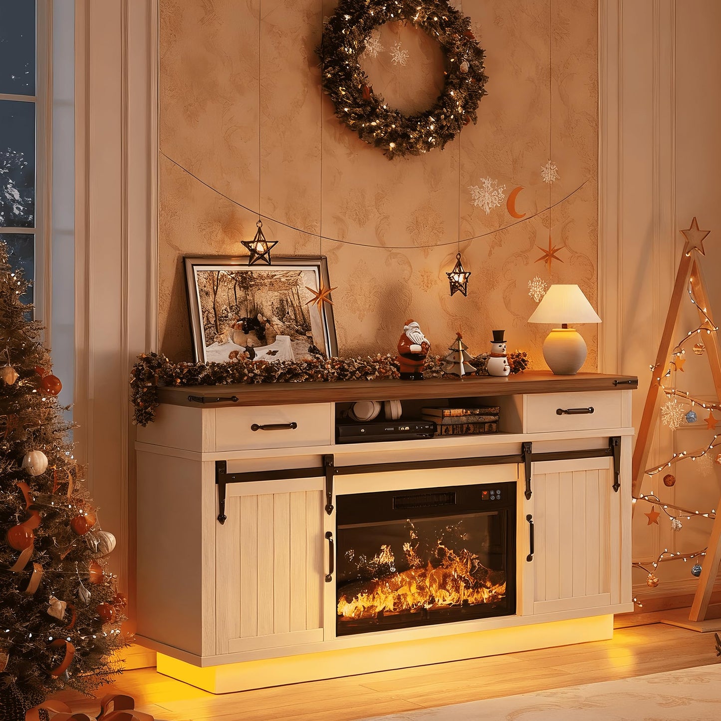 Jocoevol 58" Farmhouse Electric Fireplace TV Stand for TVs up to 65", Entertainment Center with 2 Large Storage Drawers, Sliding Barn Doors, Adjustable Shelves, TV Console for Living Room - White