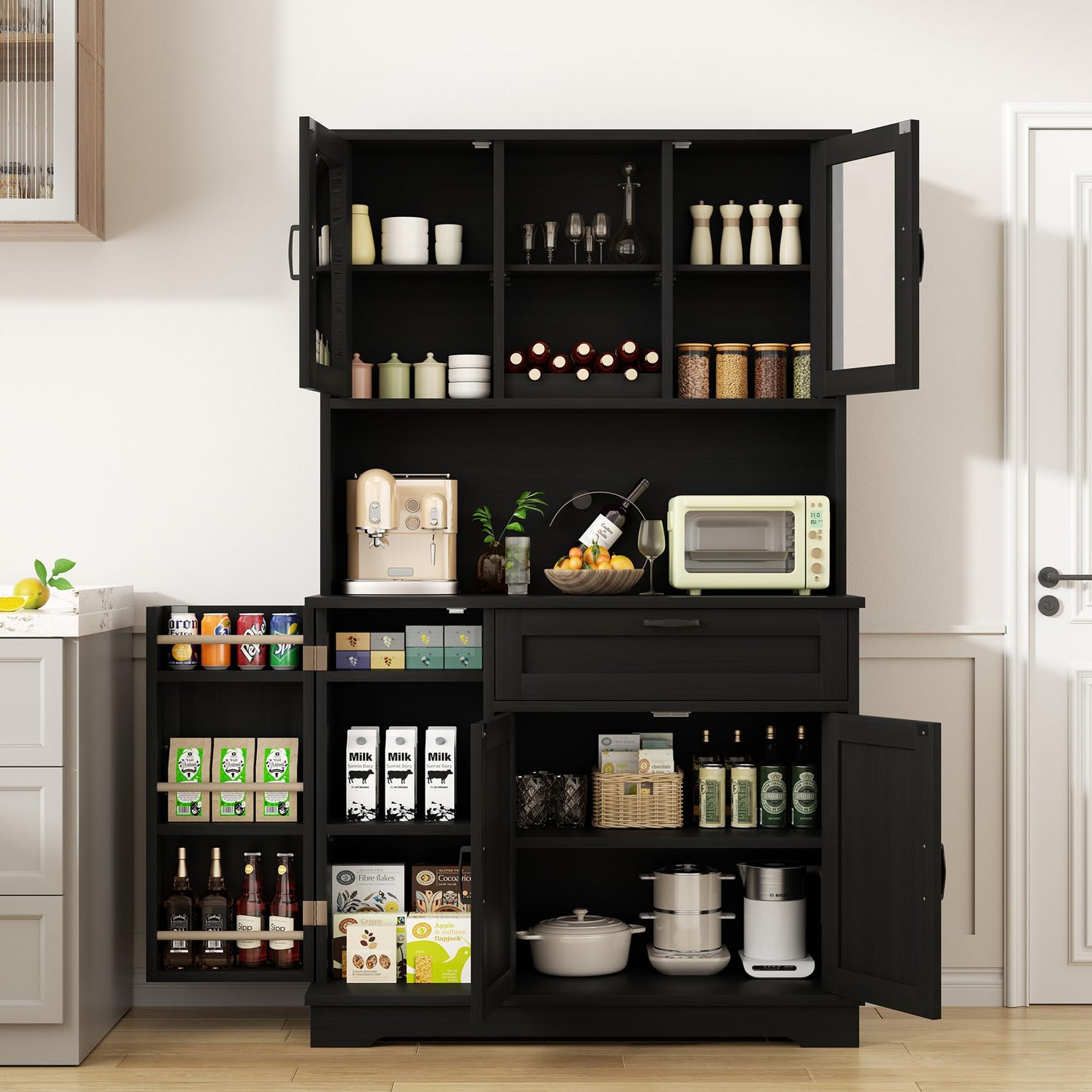 Shintenchi Kitchen Pantry Storage Cabinet, Freestanding Buffet Cabinet with Microwave Stand & 3 Door Shelves, Kitchen Hutch with Doors, Adjustable Shelves and Wine Rack, Black